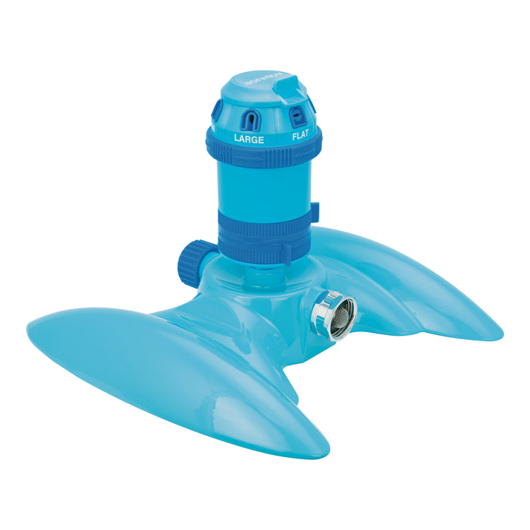 Left-angled view of the Aqua Joe 6-Pattern Turbo Drive 360 Degree Sprinkler.