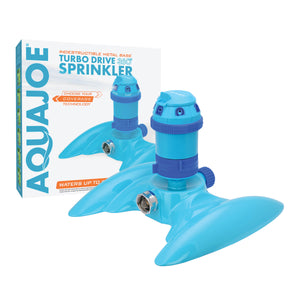 Aqua Joe 6-Pattern Turbo Drive 360 Degree Sprinkler with packaging.