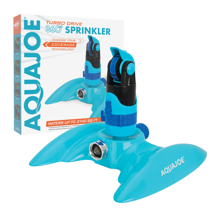 Aqua Joe 4-Pattern Turbo Drive 360 Degree Sprinkler with packaging.