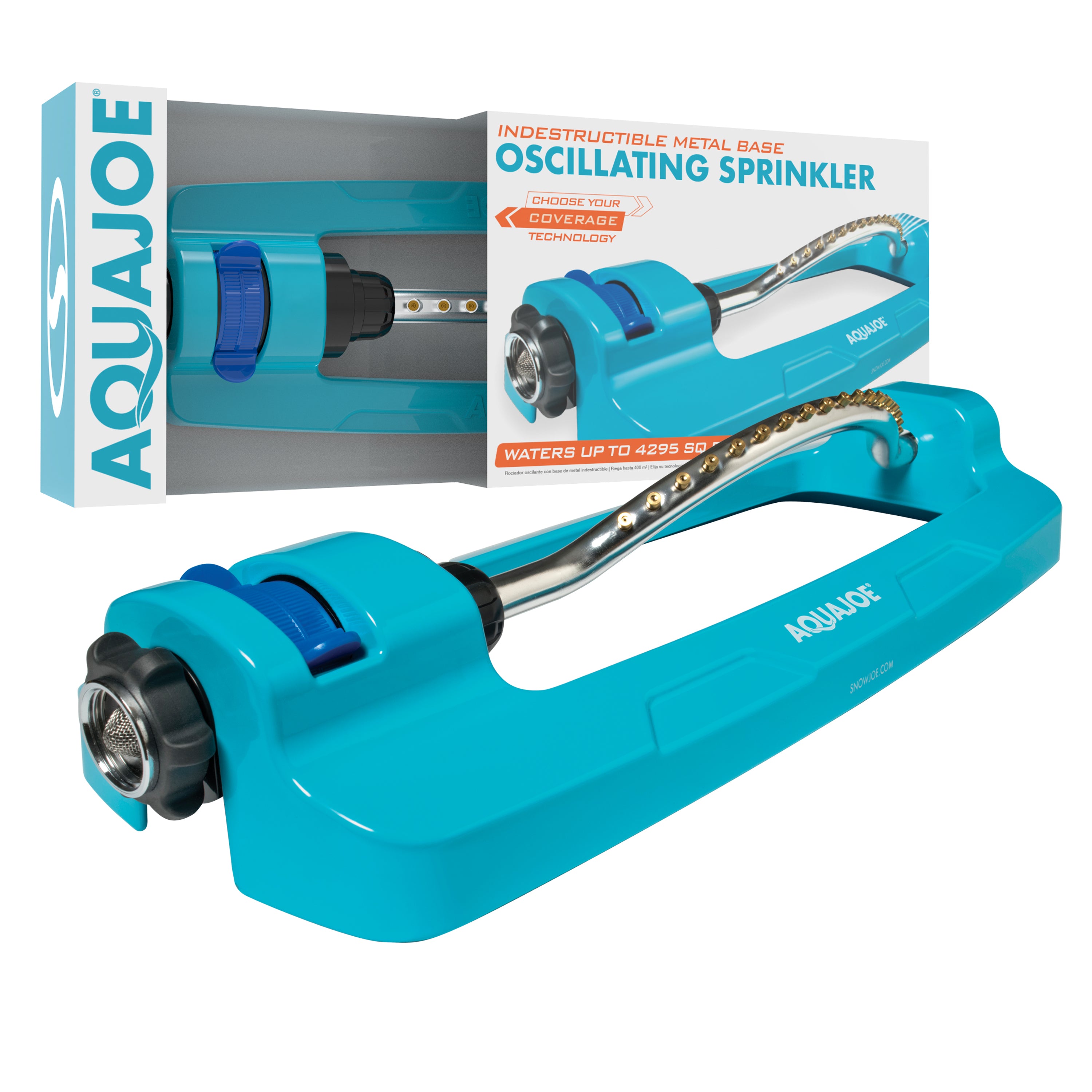 Aqua Joe 18-nozzle Indestructible Metal Base Oscillating Sprinkler with packaging.