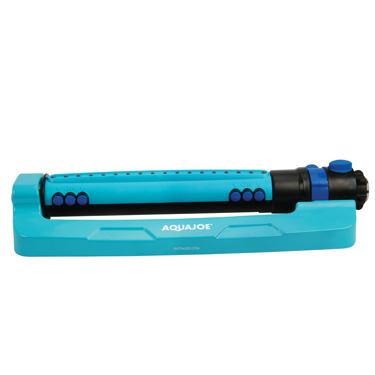 Side view of the Aqua Joe 18-nozzle Indestructible Metal Base Oscillating Sprinkler.