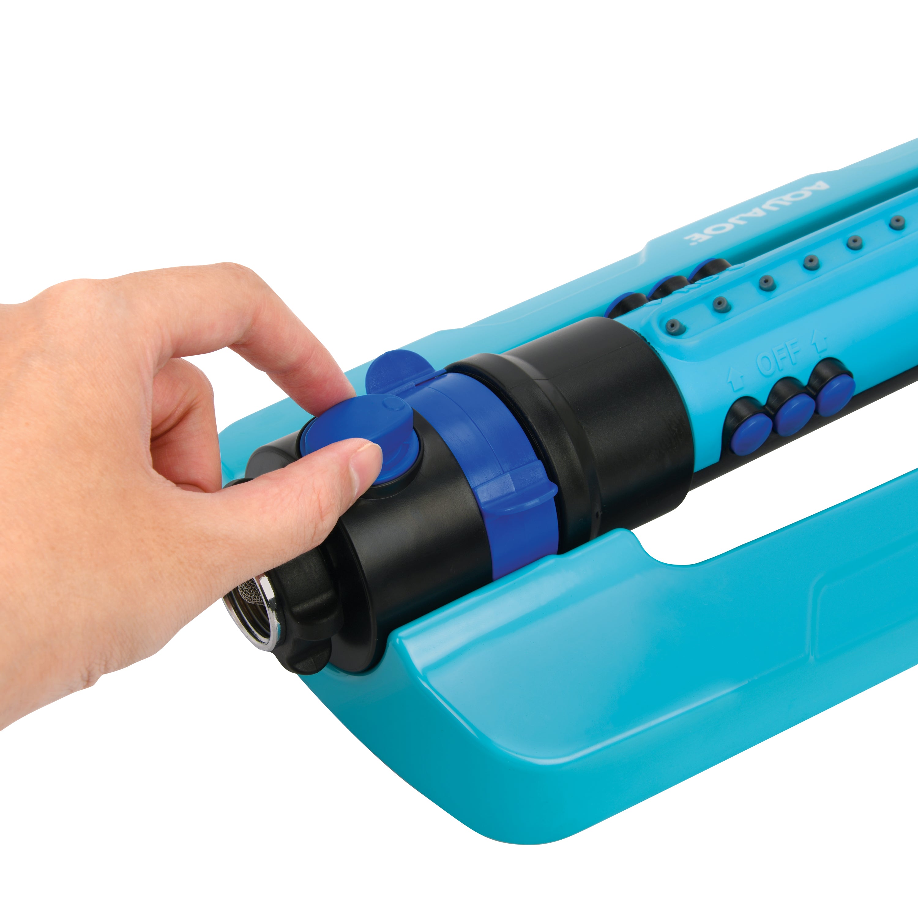 Person adjusting the flow on the Aqua Joe 18-nozzle Indestructible Metal Base Oscillating Sprinkler.