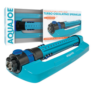 Aqua Joe 18-nozzle Indestructible Metal Base Oscillating Sprinkler with packaging.