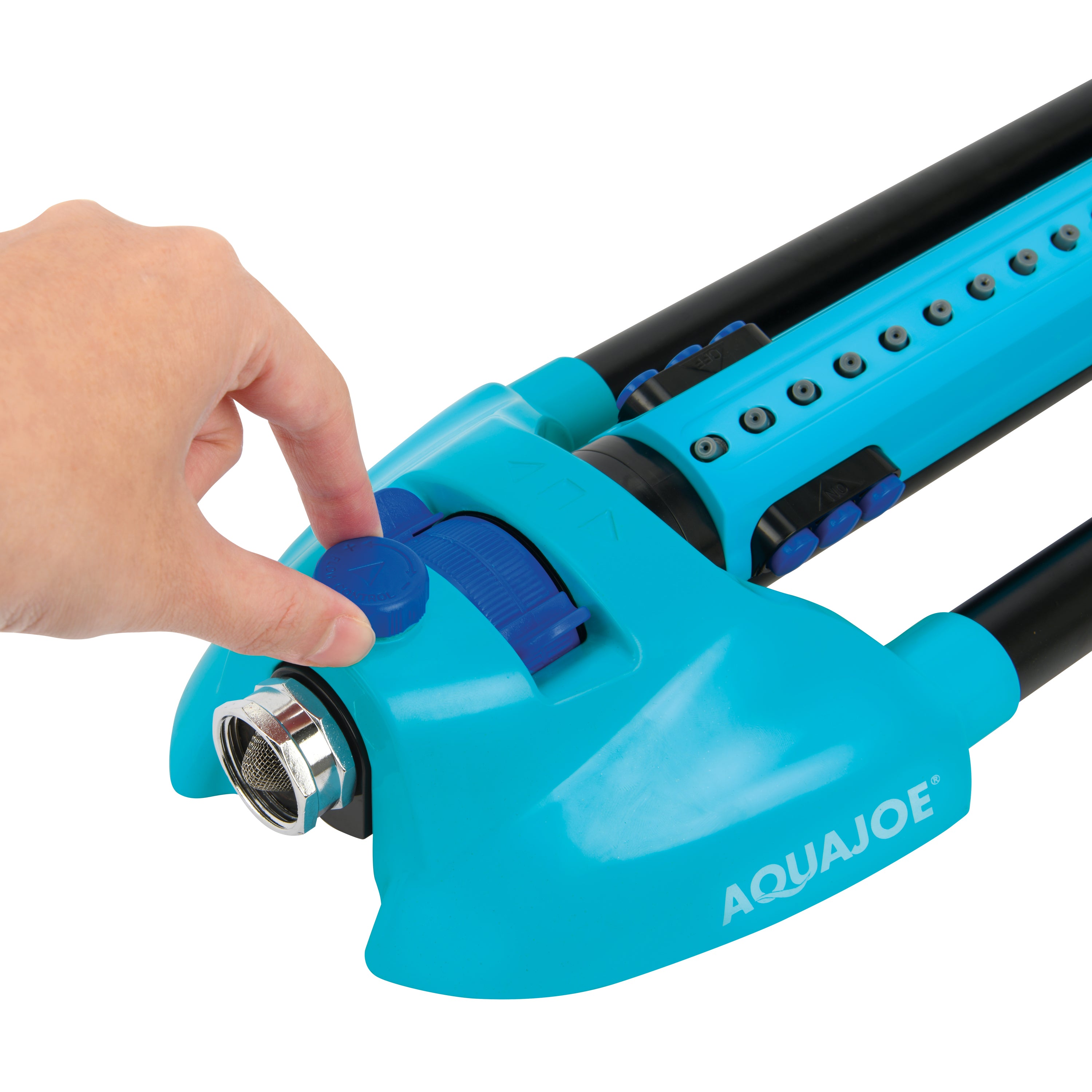 Person adjusting the water flow on the Aqua Joe 20-nozzle Indestructible Metal Base Oscillating Sprinkler.