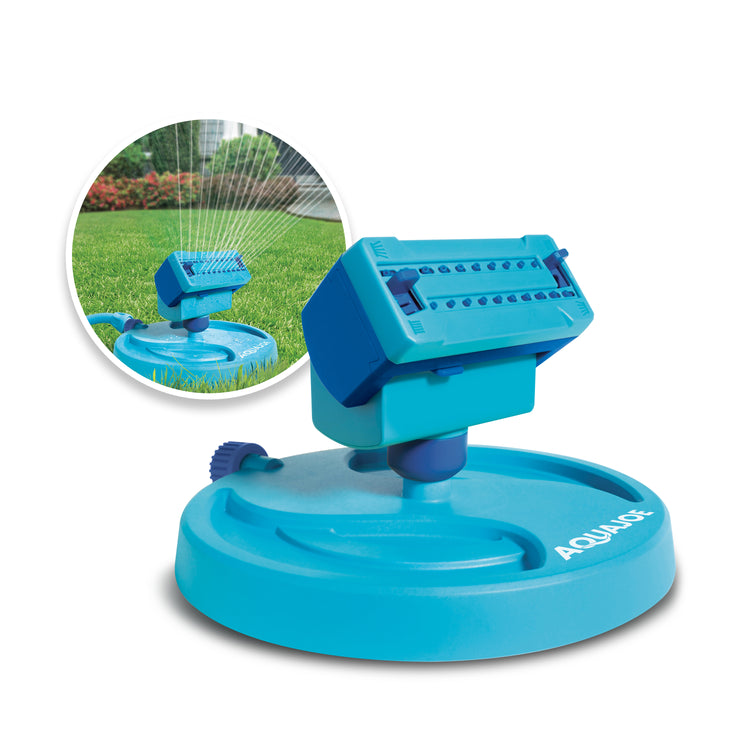 Aqua Joe mini oscillating sprinkler with inset image of product in use