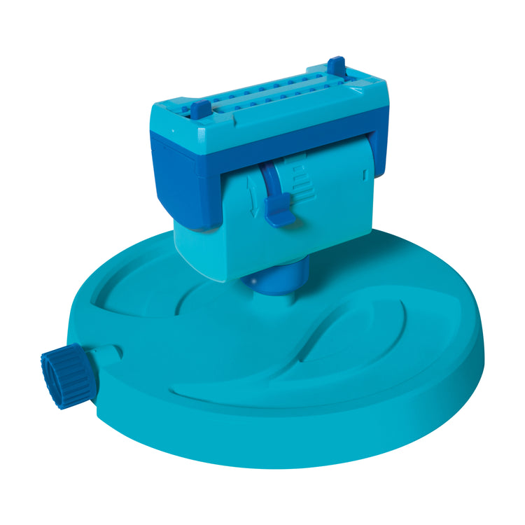 Rear-angled view of the Aqua Joe 20-Nozzle Mini Oscillating Sprinkler on Sled Base.