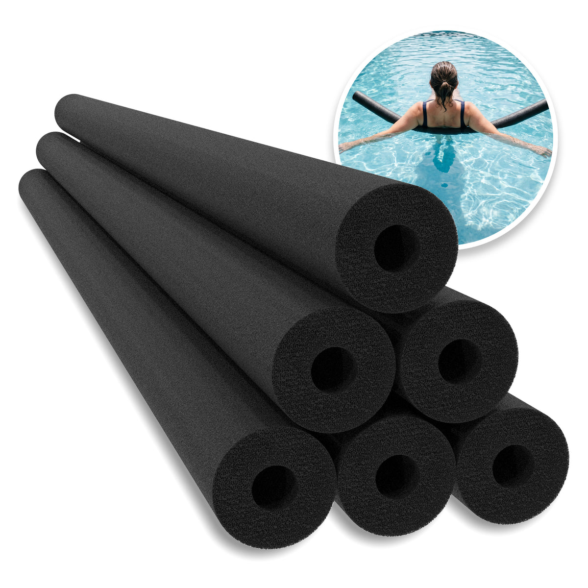 Six black Aqua Joe 48-inch pool noodles