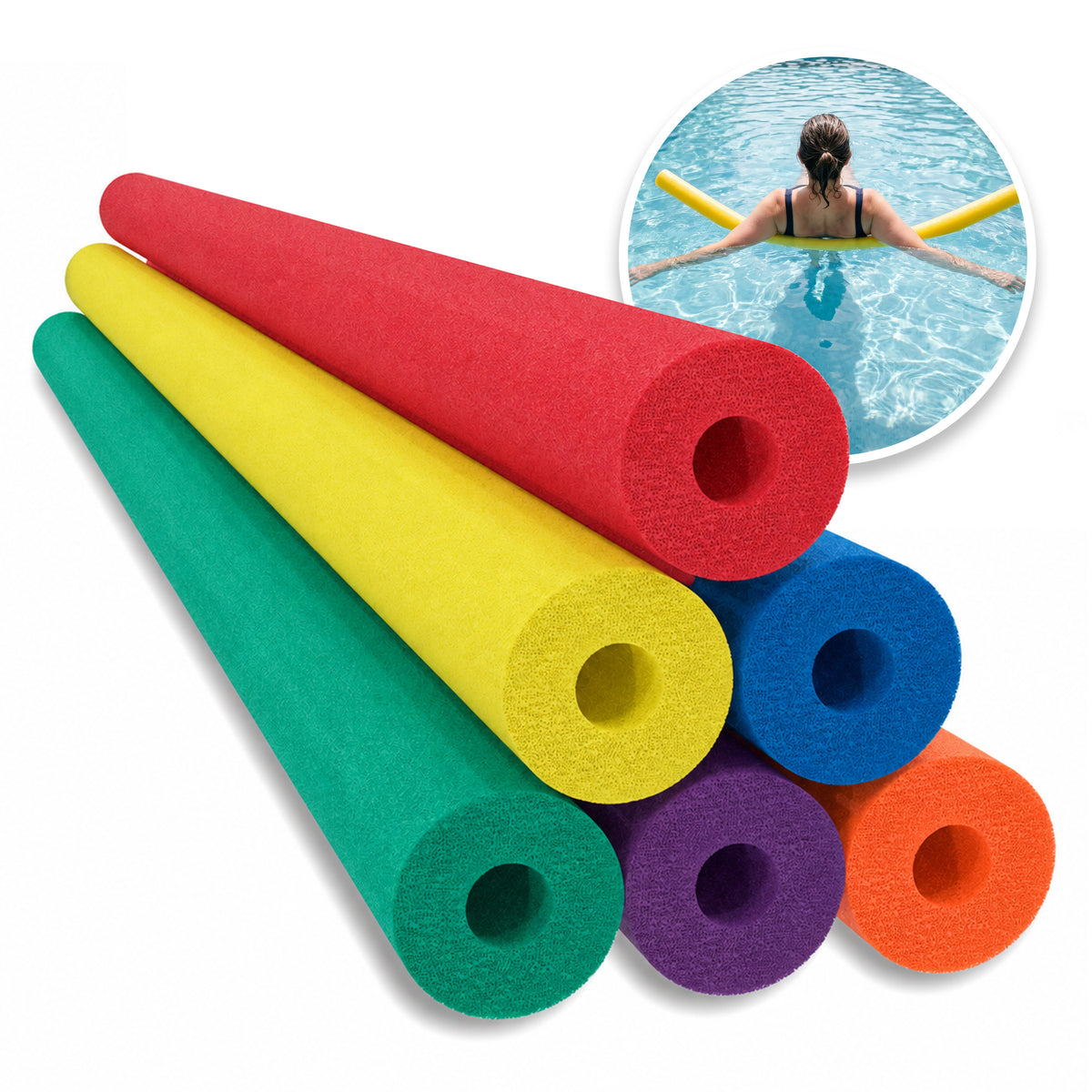 Six assorted-color Aqua Joe 48-inch pool noodles