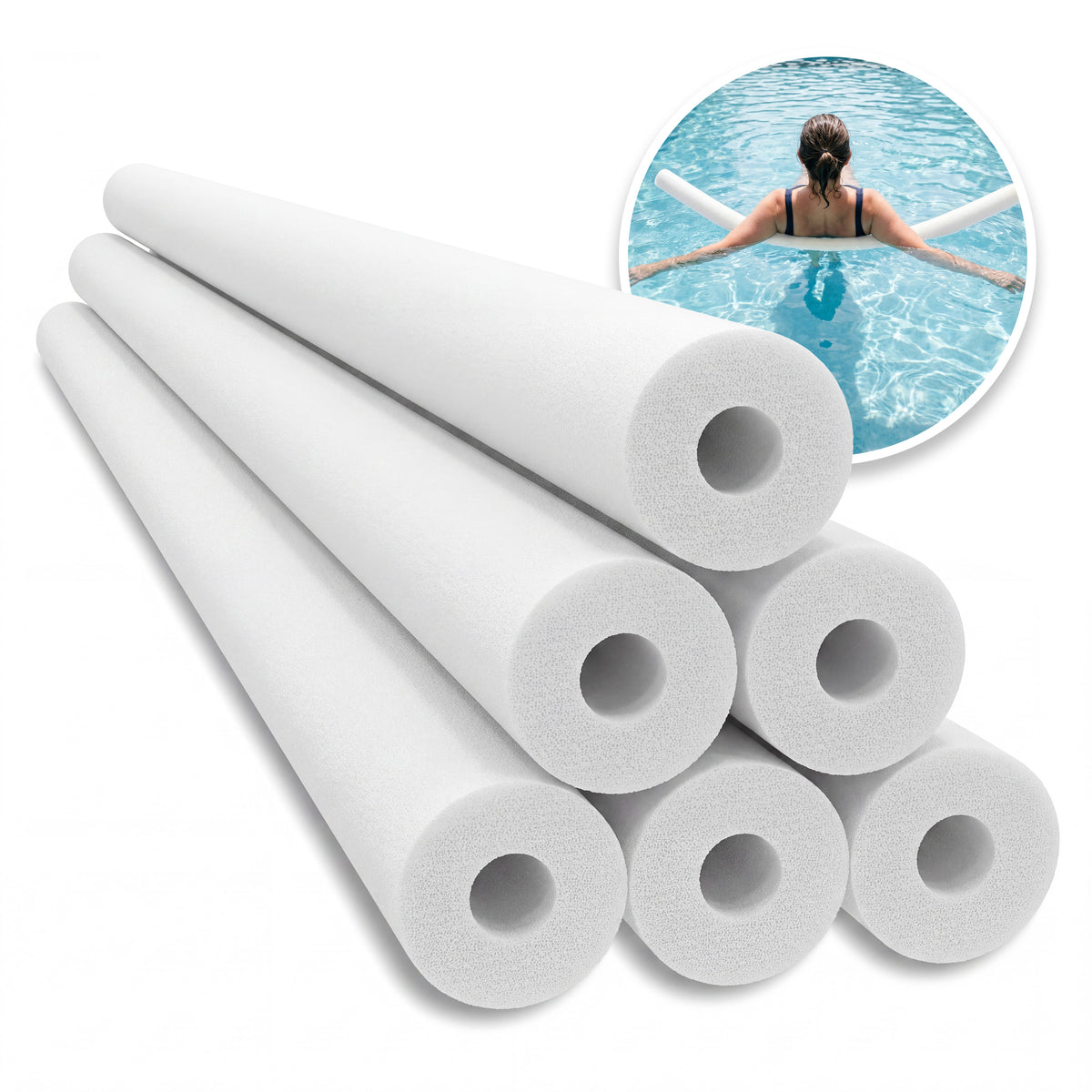 Six white Aqua Joe 48-inch pool noodles