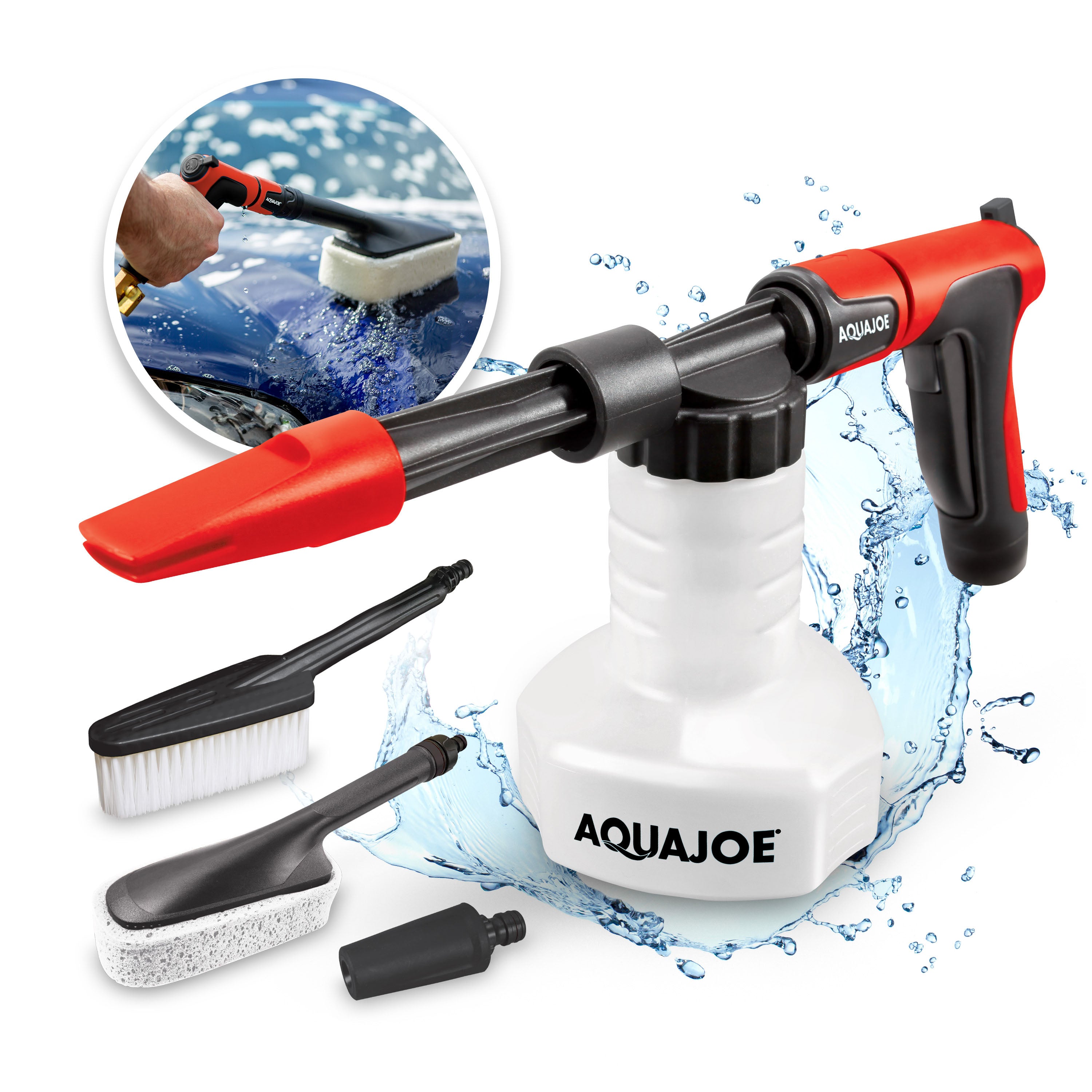 Aqua Joe AJ-SPXN-PRO-RED 2-in-1 All-Purpose Garden Hose-Powered Adjustable Foam Cannon Spray Gun Kit | W/ Bristle Brush and Detailer Sponge Attachments | Quick-Connect (Red)