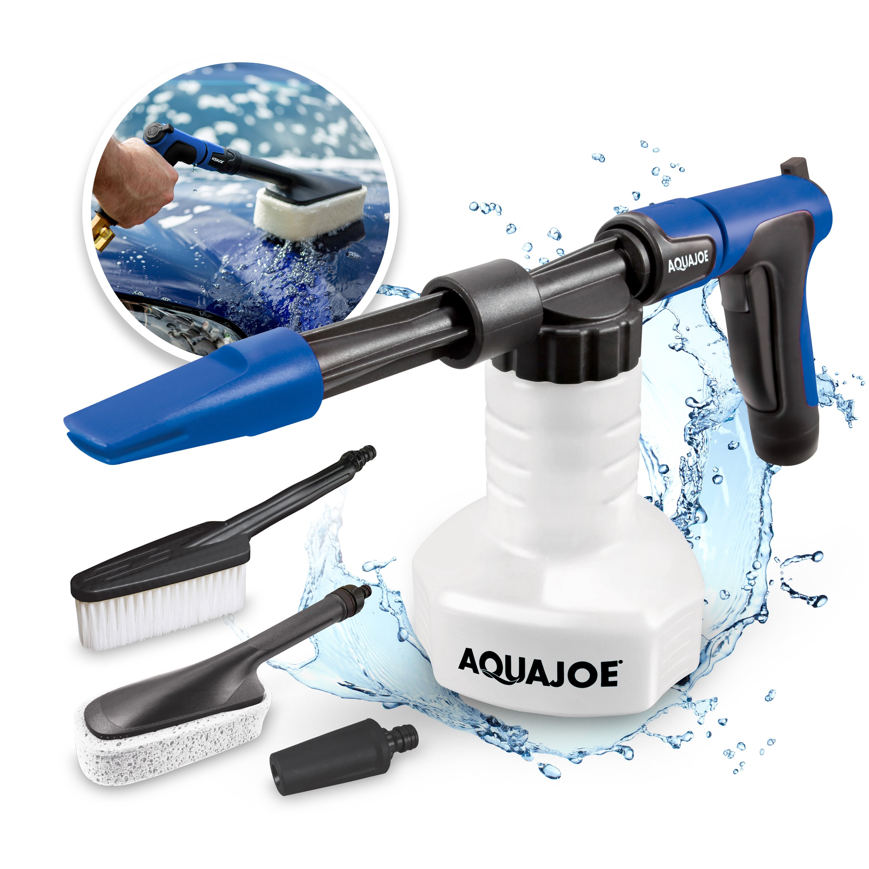 Aqua Joe AJ-SPXN-PRO-SJB 2-in-1 All-Purpose Garden Hose-Powered Adjustable Foam Cannon Spray Gun Kit | W/ Bristle Brush and Detailer Sponge Attachments | Quick-Connect (Blue)