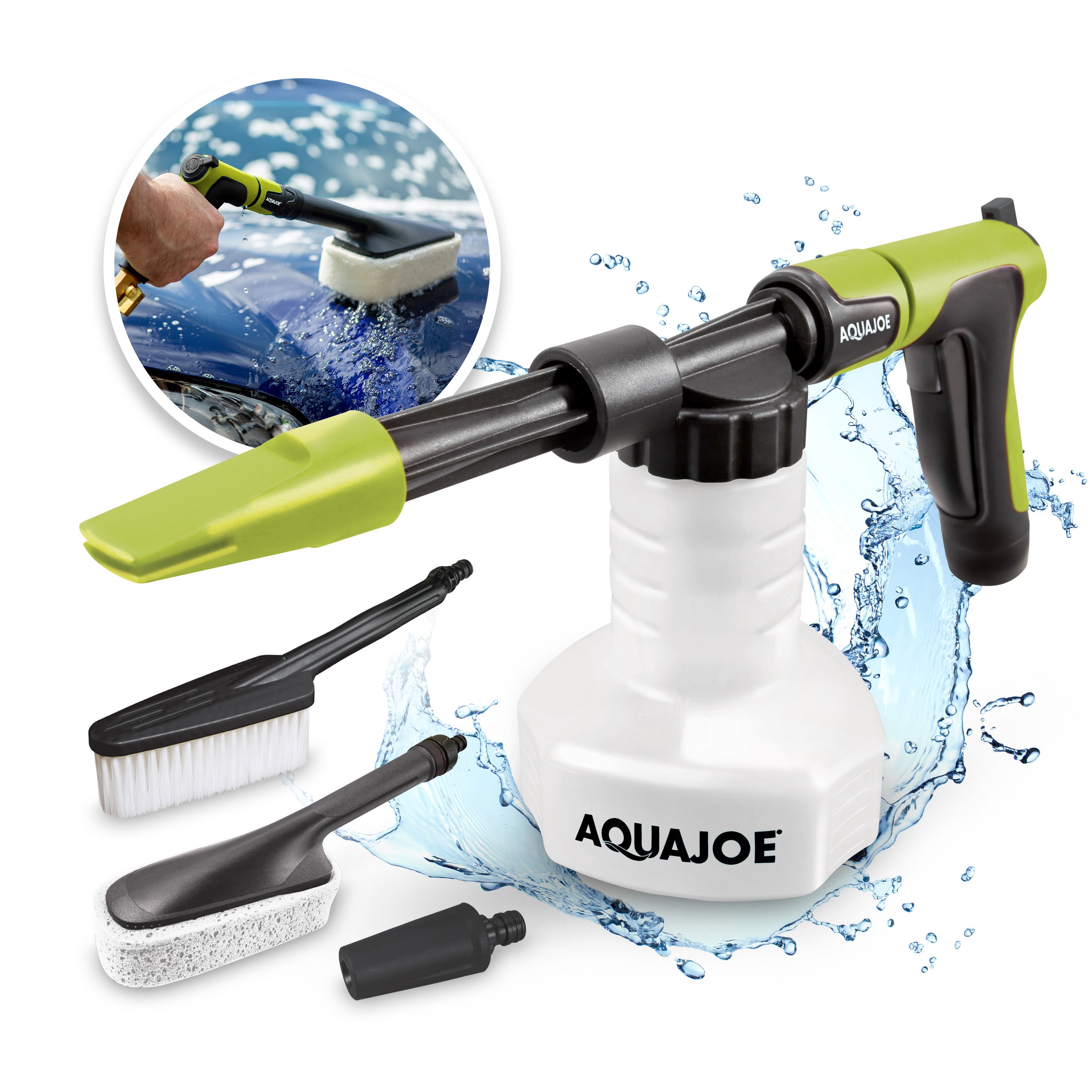 Aqua Joe AJ-SPXN-PRO-SJG 2-in-1 All-Purpose Garden Hose-Powered Adjustable Foam Cannon Spray Gun Kit | W/ Bristle Brush and Detailer Sponge Attachments | Quick-Connect (Green)