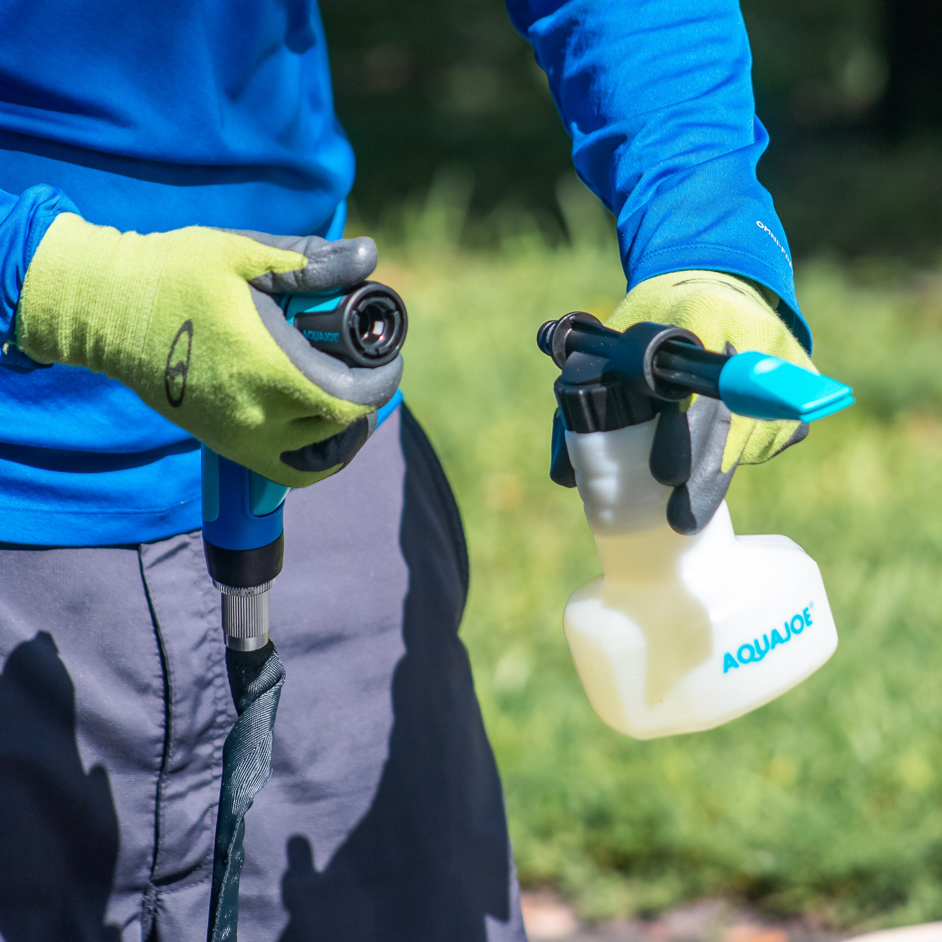 Person attaching a garden hose to the Aqua Joe 2-in-1 Hose-Powered Adjustable Foam Cannon Spray Gun Blaster.