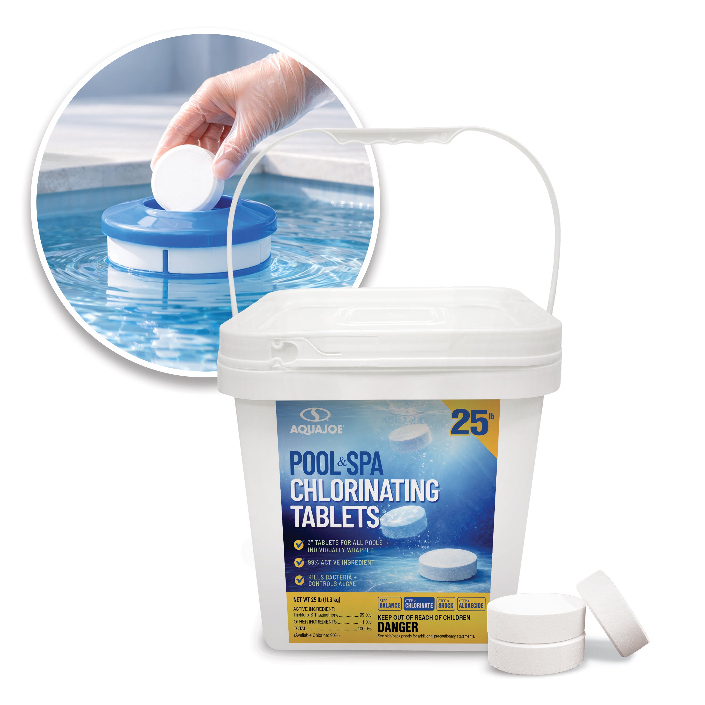 Aqua Joe Pool & Spa Chlorinating Tablets | 3'' Individually Wrapped Tablets | 90% Available Chlorine | 25-Lb. Bucket