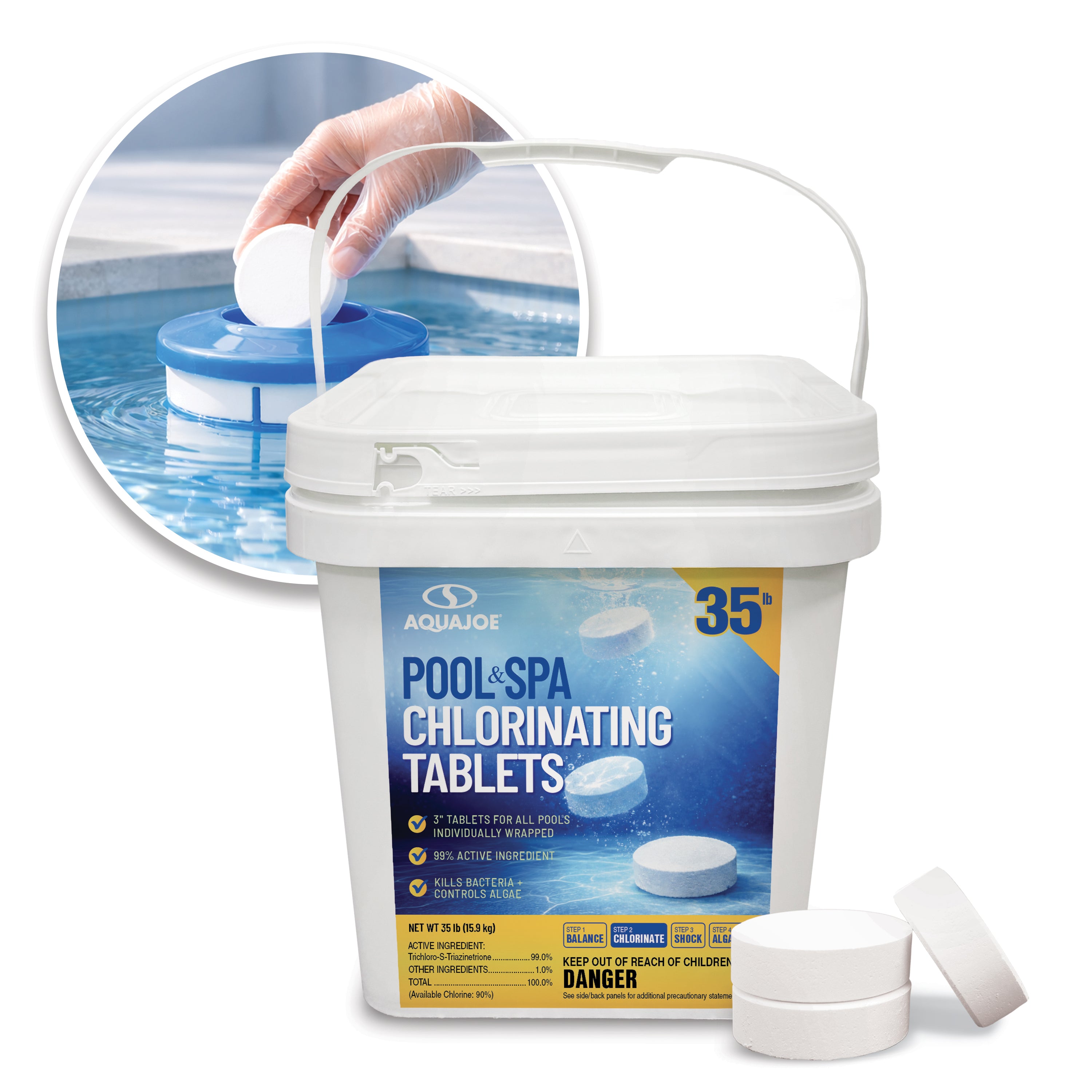 Aqua Joe Pool & Spa Chlorinating Tablets | 3'' Individually Wrapped Tablets | 90% Available Chlorine | 35-Lb. Bucket