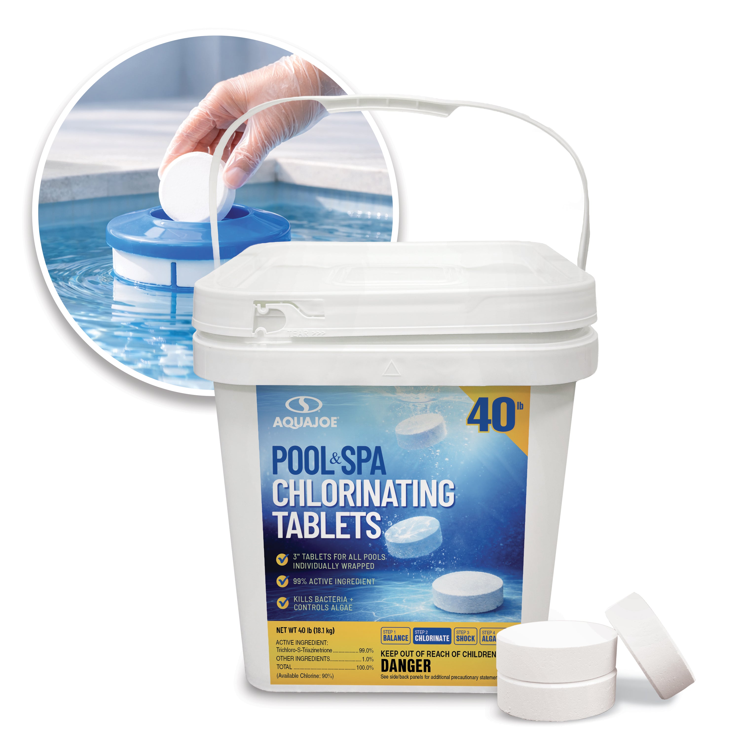 Aqua Joe Pool & Spa Chlorinating Tablets | 3'' Individually Wrapped Tablets | 90% Available Chlorine | 40-Lb. Bucket