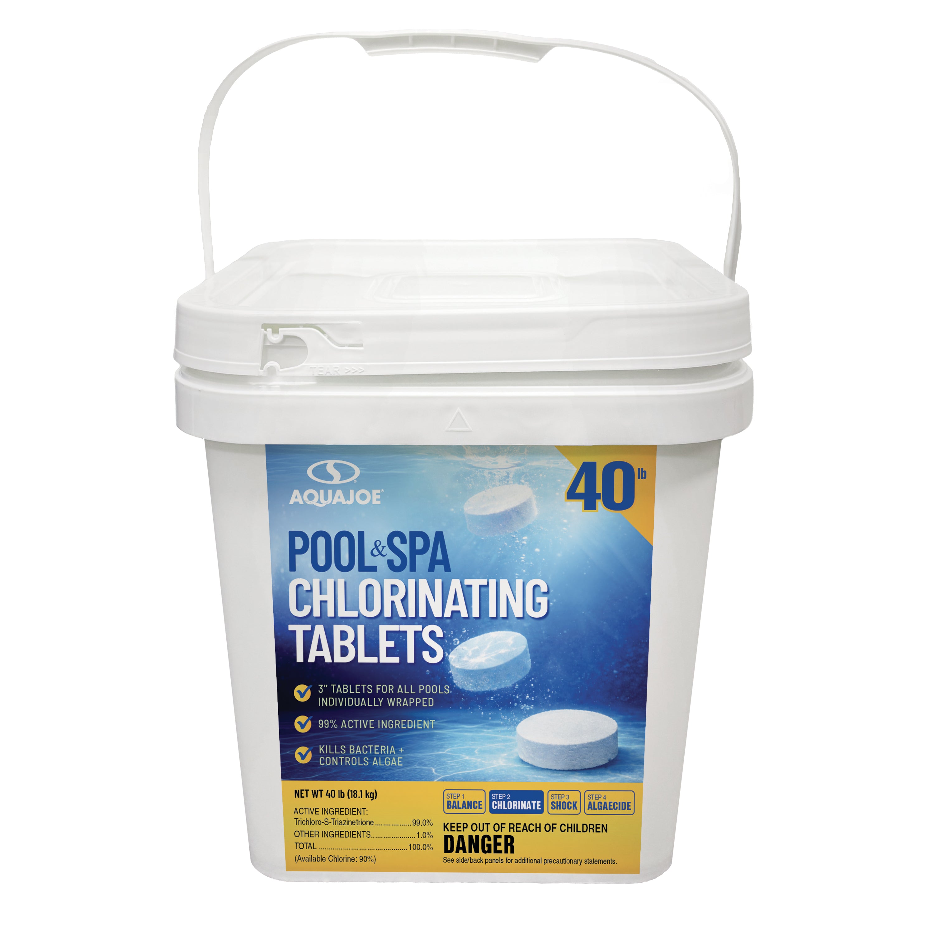 Aqua Joe Pool & Spa Chlorinating Tablets | 3'' Individually Wrapped Tablets | 90% Available Chlorine | 40-Lb. Bucket