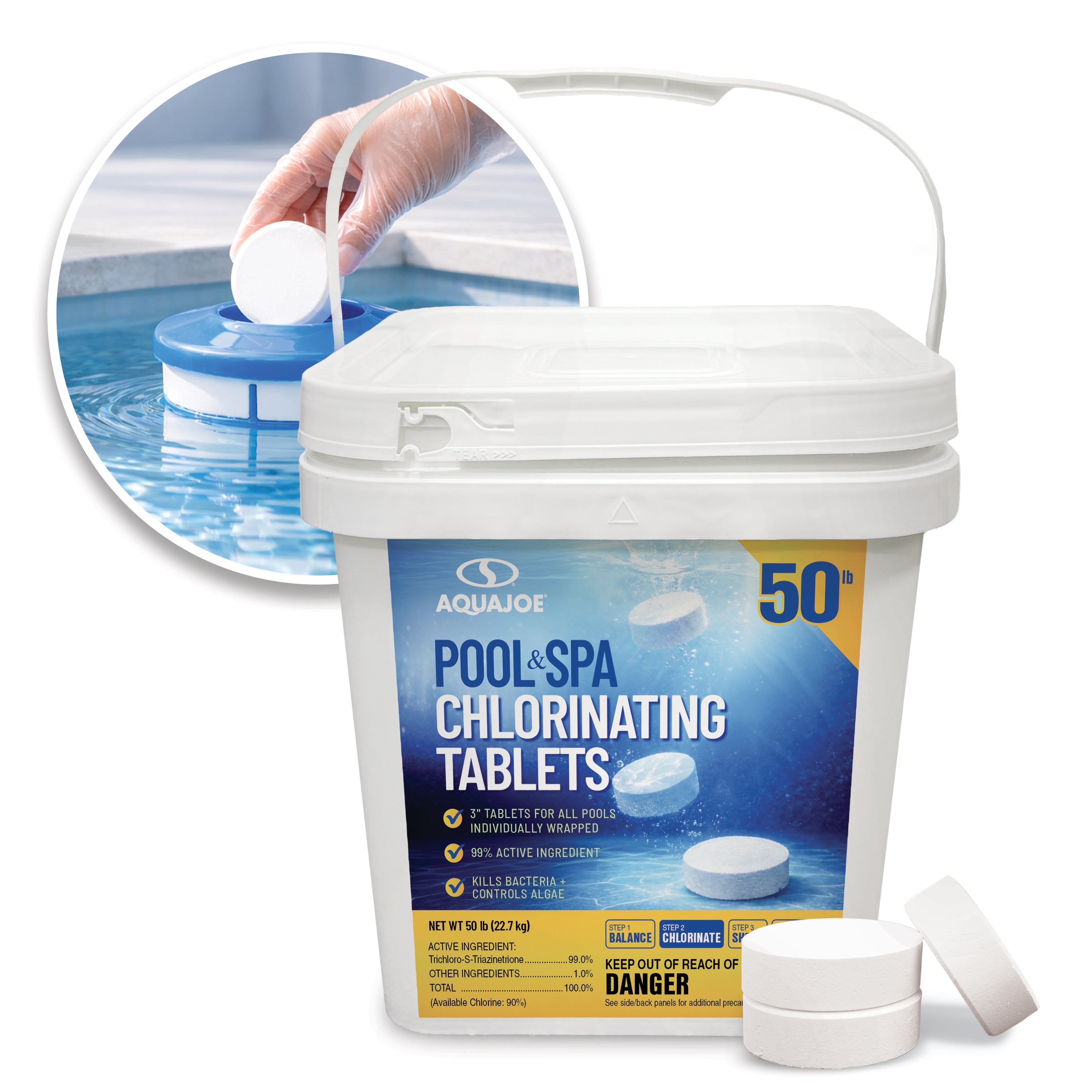 Aqua Joe Pool & Spa Chlorinating Tablets | 3'' Individually Wrapped Tablets | 90% Available Chlorine | 50-Lb. Bucket