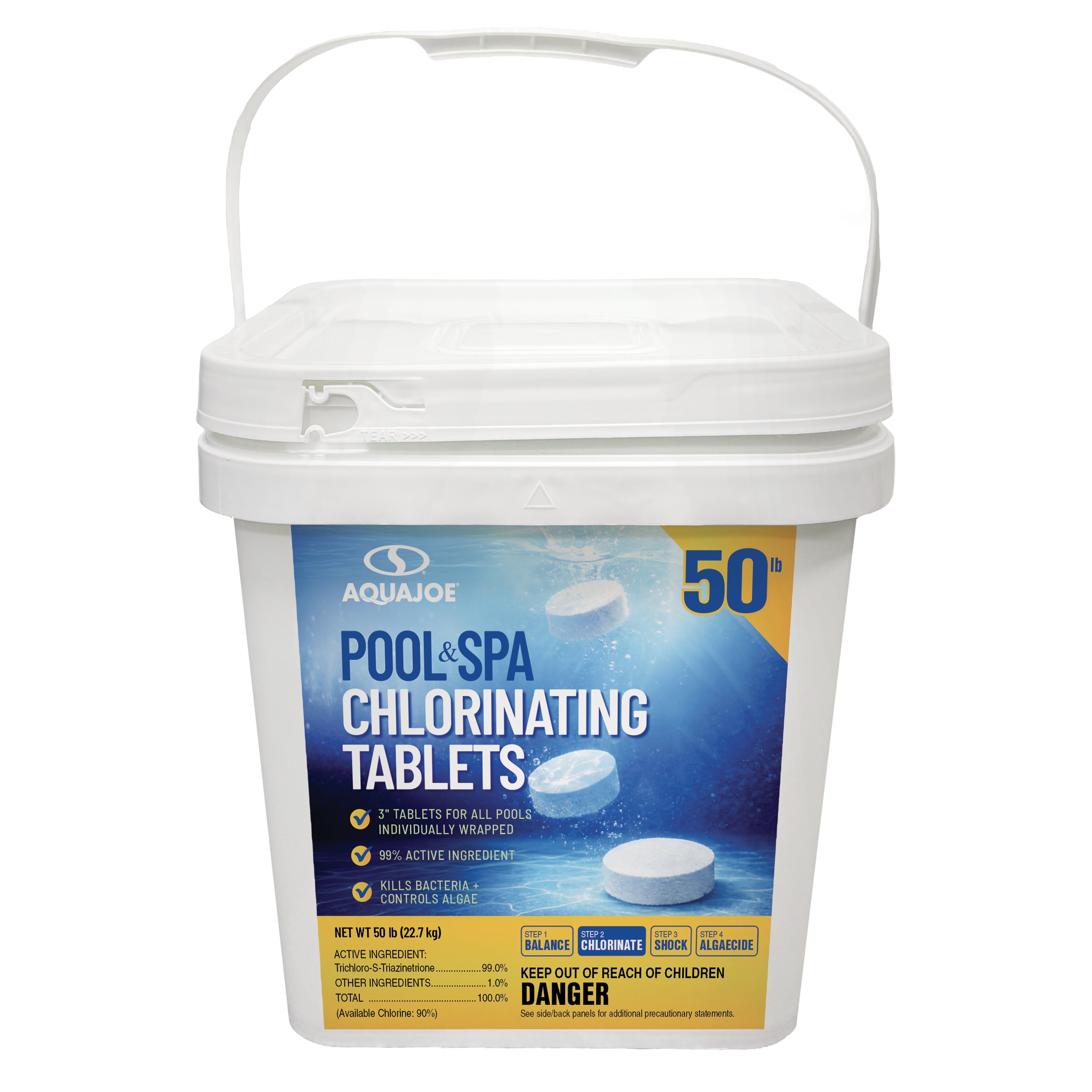 Aqua Joe Pool & Spa Chlorinating Tablets | 3'' Individually Wrapped Tablets | 90% Available Chlorine | 50-Lb. Bucket