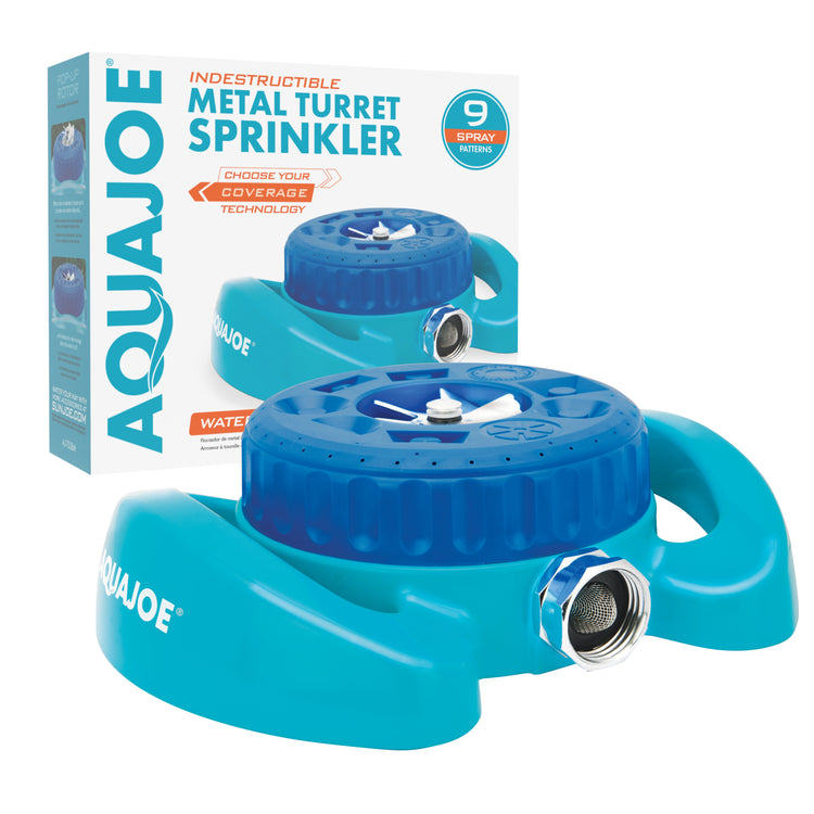 Aqua Joe Indestructible Metal Turret Sprinkler with packaging.