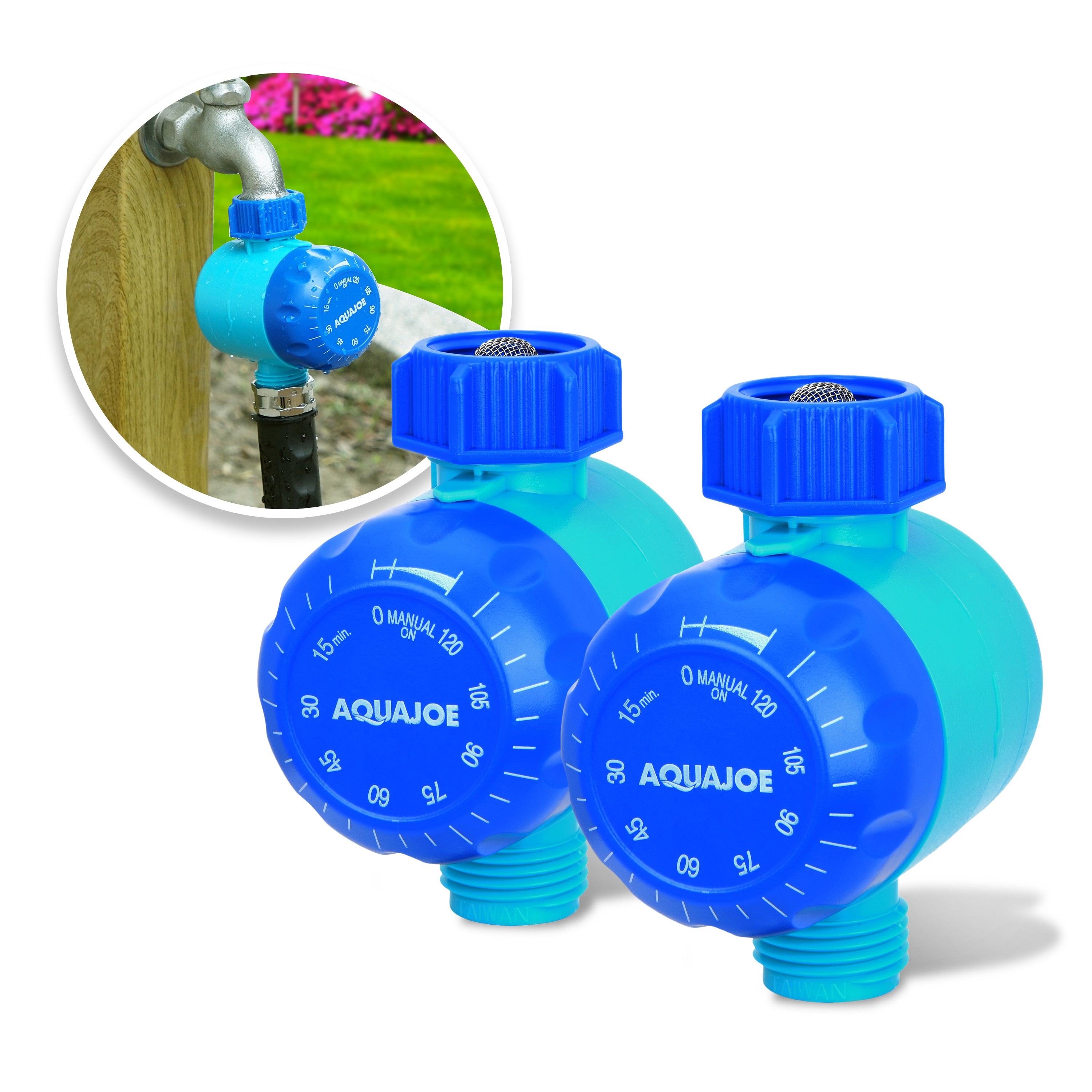 Aqua Joe Set of 2 Manual Water Timers | Dual-Zone Coverage | 2 Hours Max Timer | Built-In Timer Bypass Function