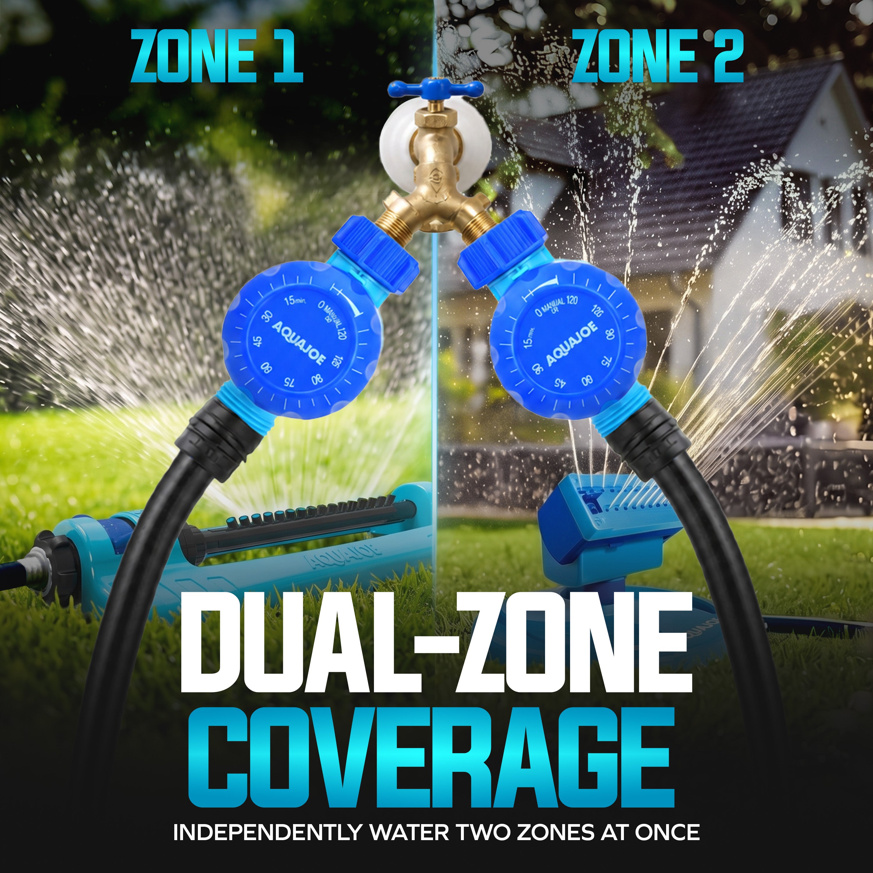 Aqua Joe Set of 2 Manual Water Timers | Dual-Zone Coverage | 2 Hours Max Timer | Built-In Timer Bypass Function