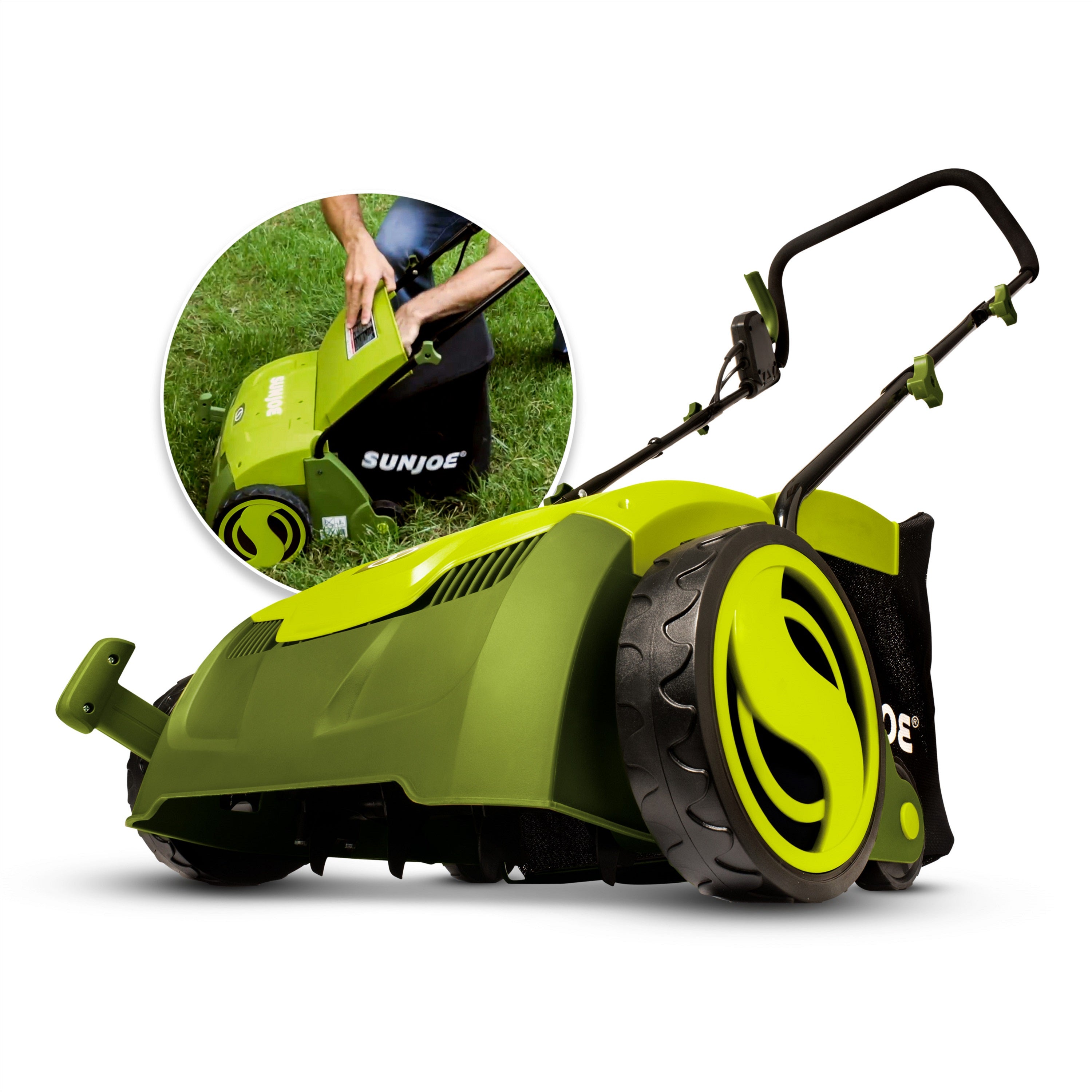 Sun Joe 12-amp 12.6-inch electric lawn dethatcher and scarifier.