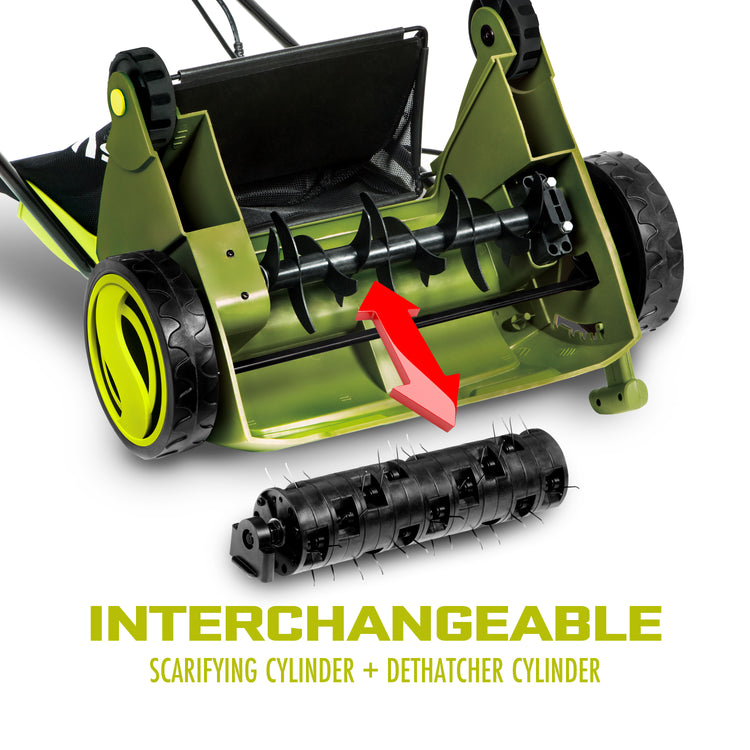 Interchangeable scarifying cylinder and dethatcher cylinder.