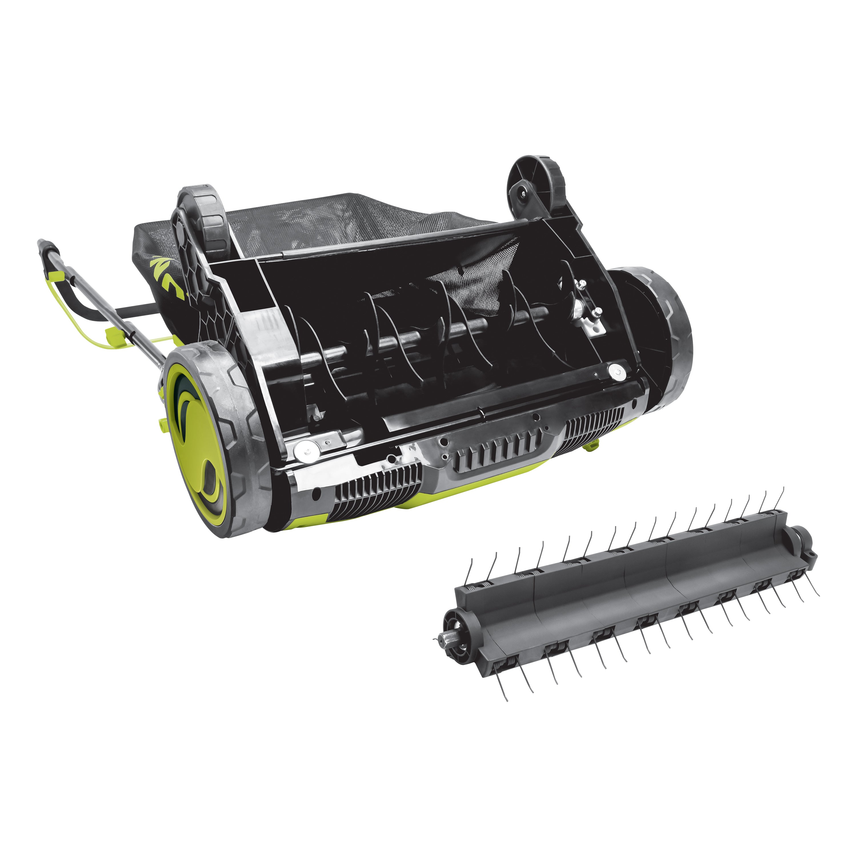 Underside view of the Sun Joe 13-amp 15-inch Electric Lawn Dethacther and Scarifier with both cylinders.