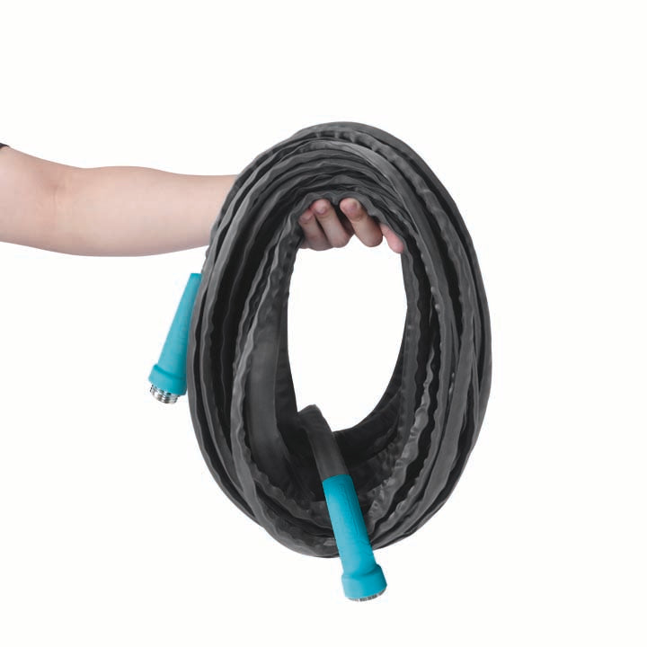 Person holding the Aqua Joe 100-foot FiberJacket Garden Hose.