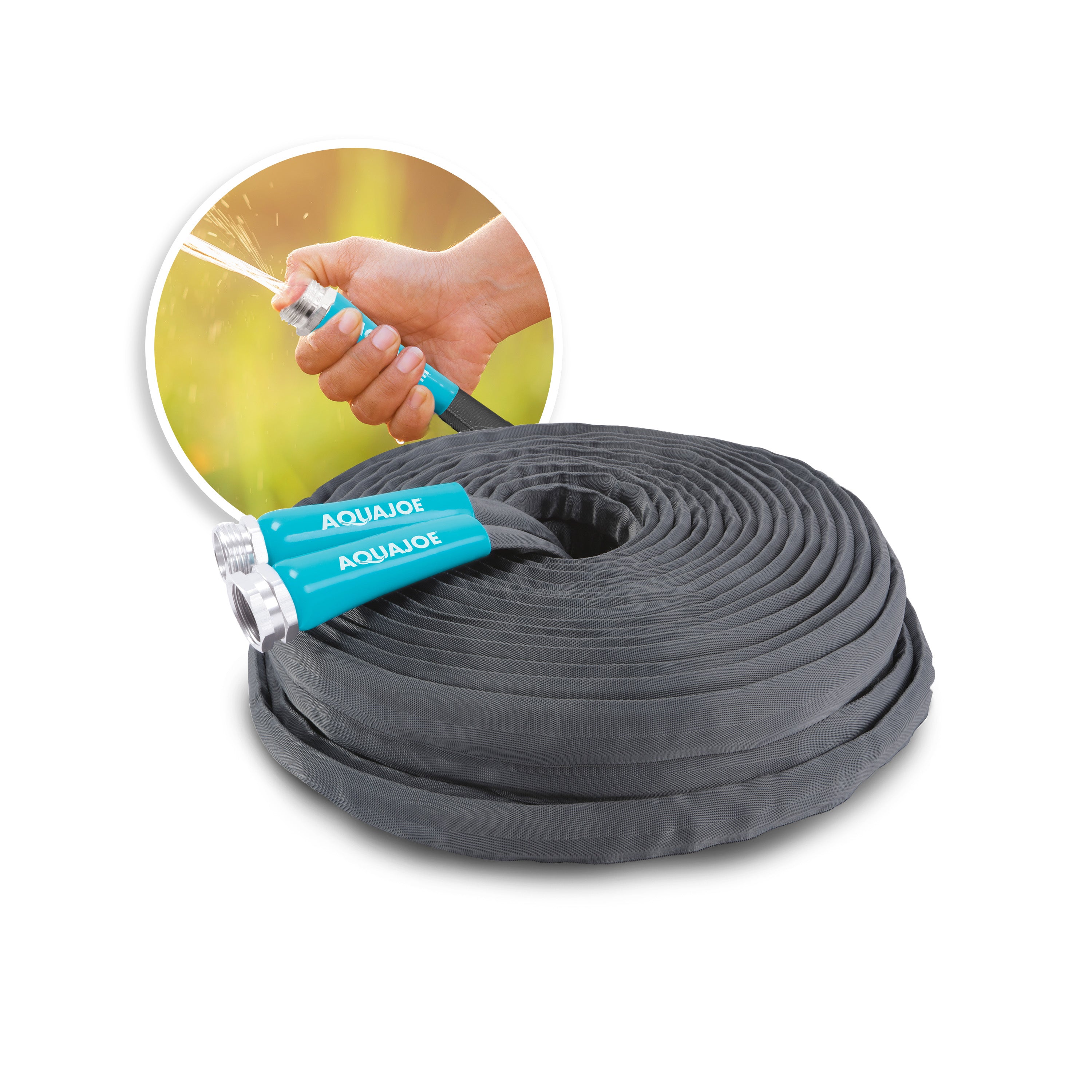 Aqua joe 100 foot fiberjacket garden hose with inset image of product in use