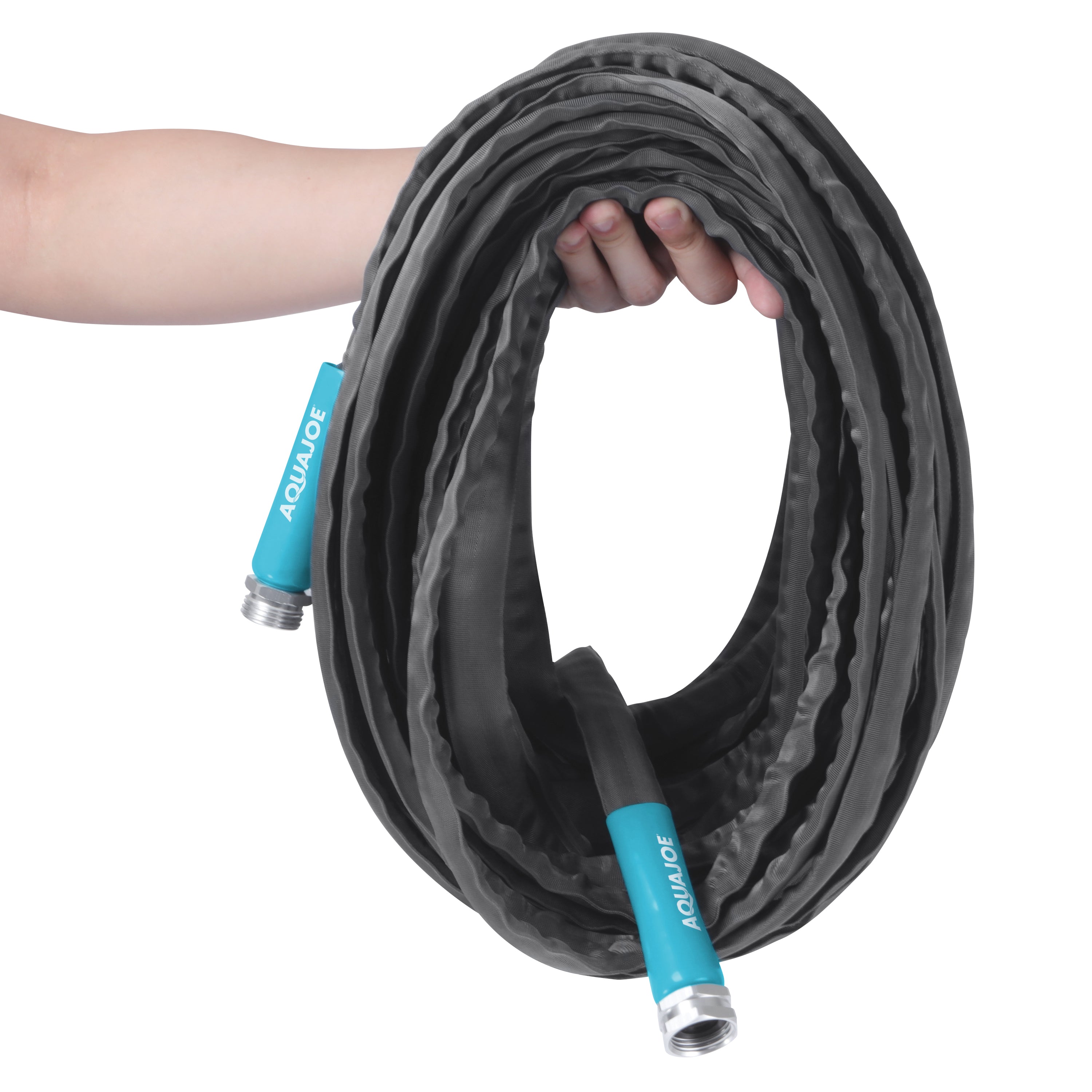 Person holding the Aqua Joe 100-foot fiberjacket garden hose.