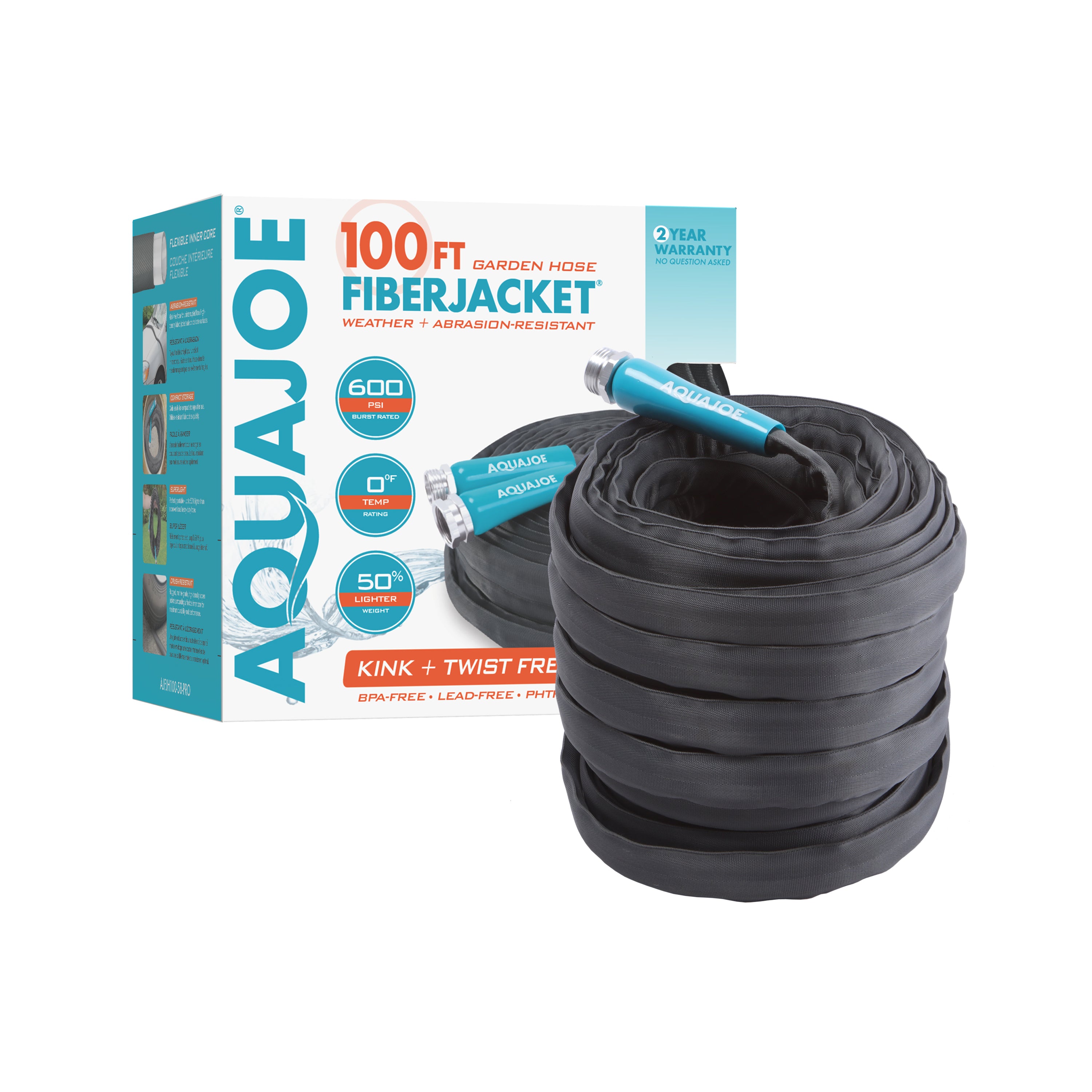 Aqua Joe 100-foot fiberjacket garden hose with packaging.