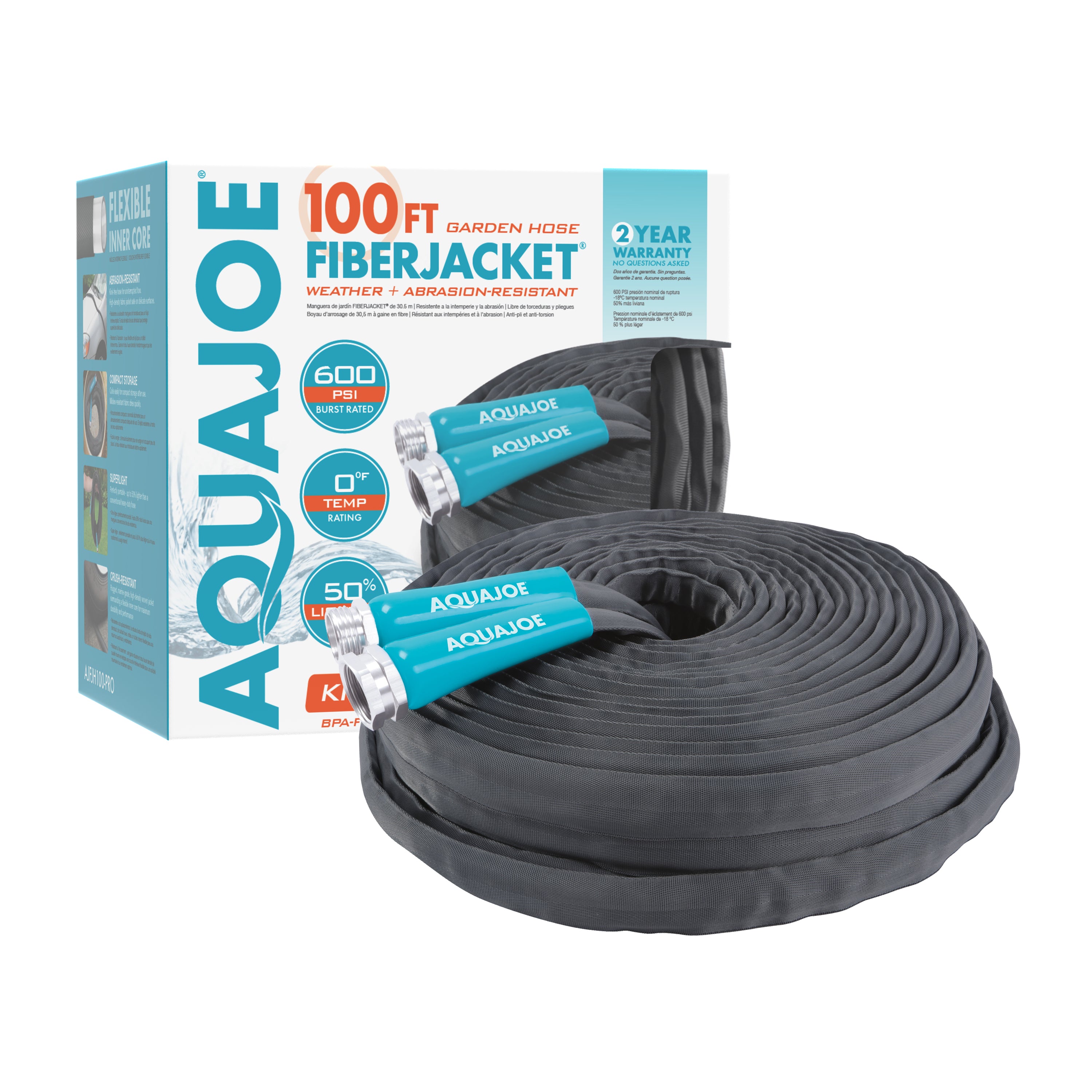 Aqua Joe 100-foot FiberJacket Garden Hose with packaging.