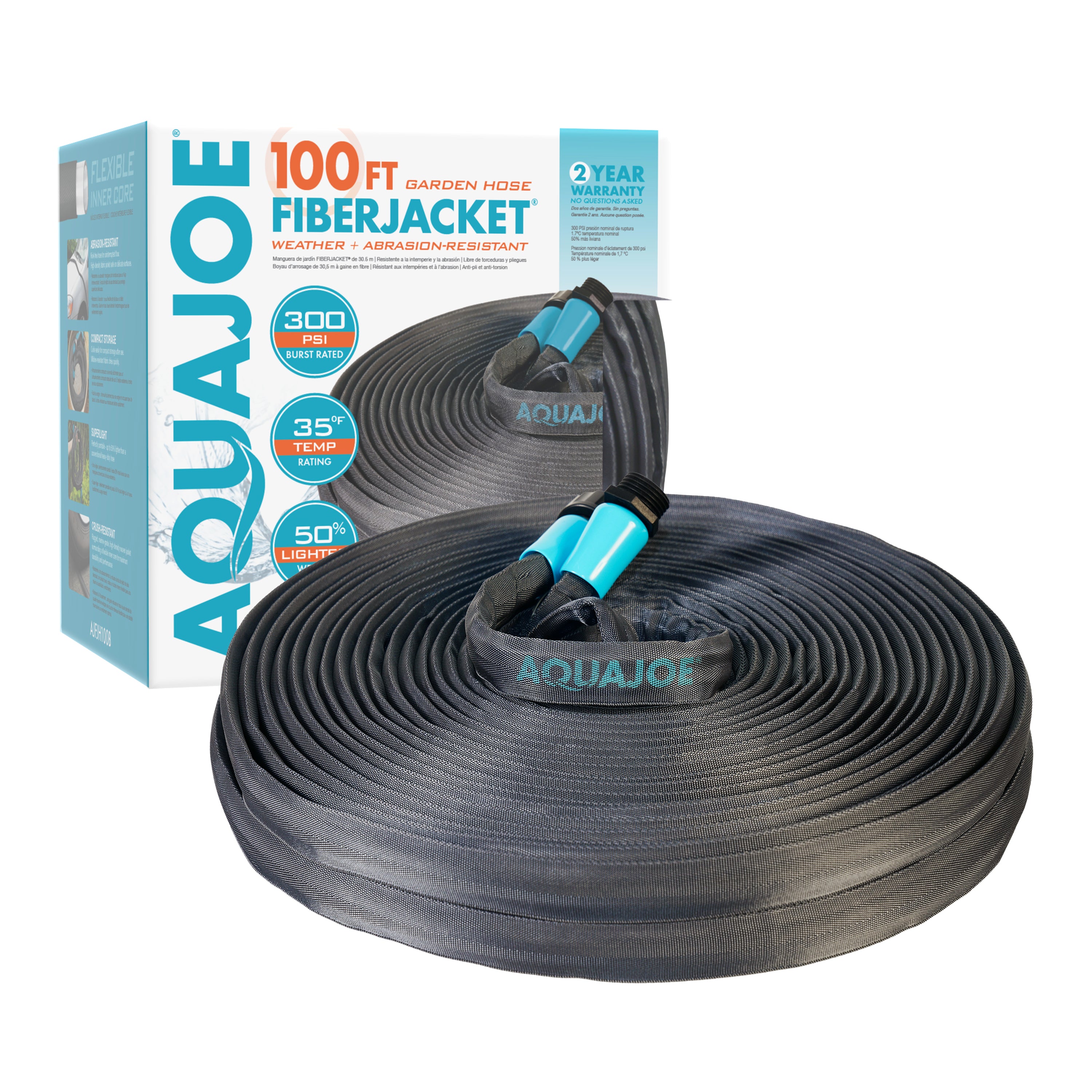 Aqua Joe 100-foot fiberjacket garden hose with packaging.