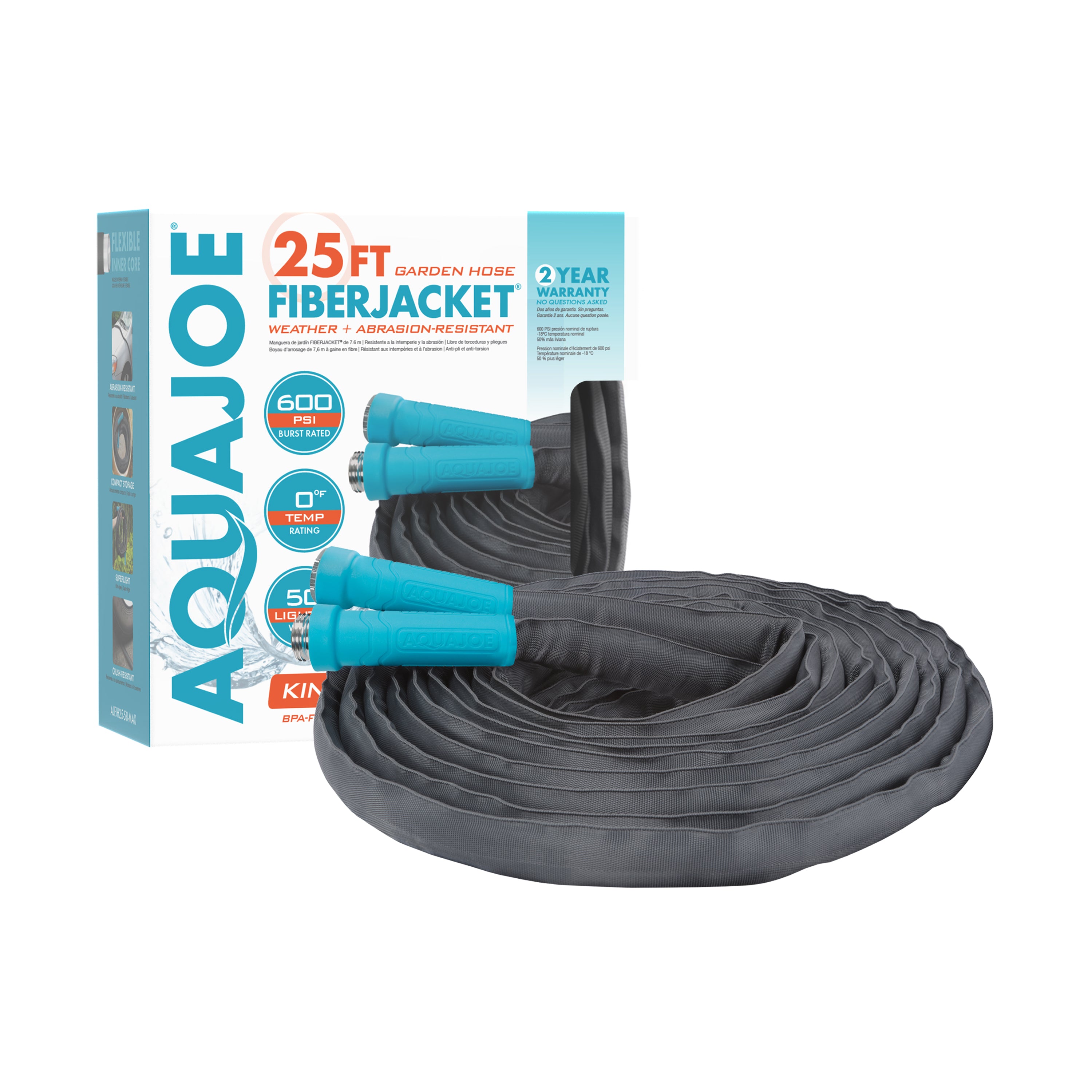 Aqua Joe 25-foot FiberJacket Garden Hose with packaging.