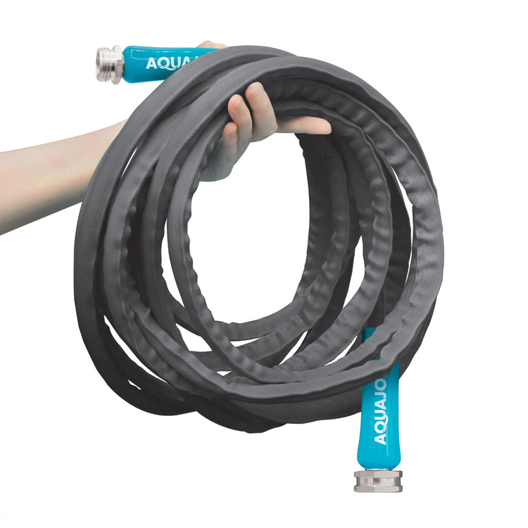 Person holding the Aqua Joe 25-foot fiberjacket garden hose.