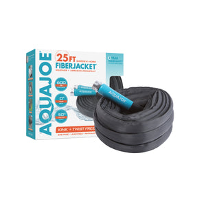 Aqua Joe 25-foot fiberjacket garden hose with packaging.