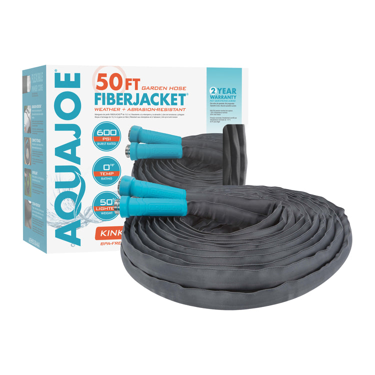 Aqua Joe 50-foot FiberJacket Garden Hose with packaging.