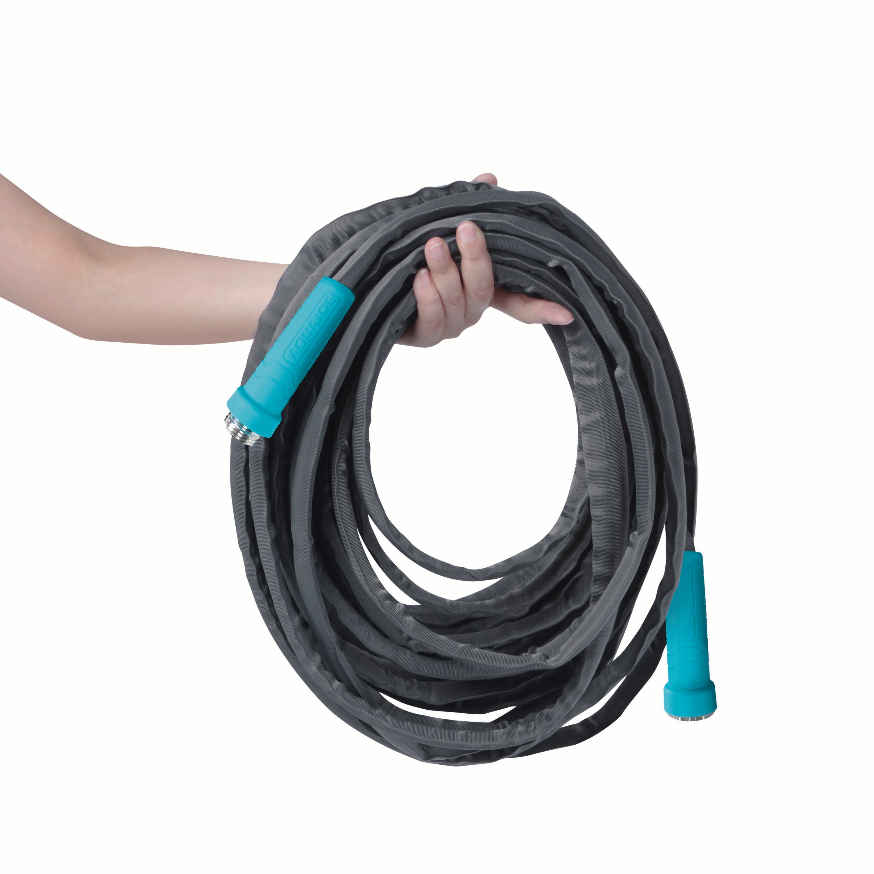 Person holding the Aqua Joe 50-foot FiberJacket Garden Hose.