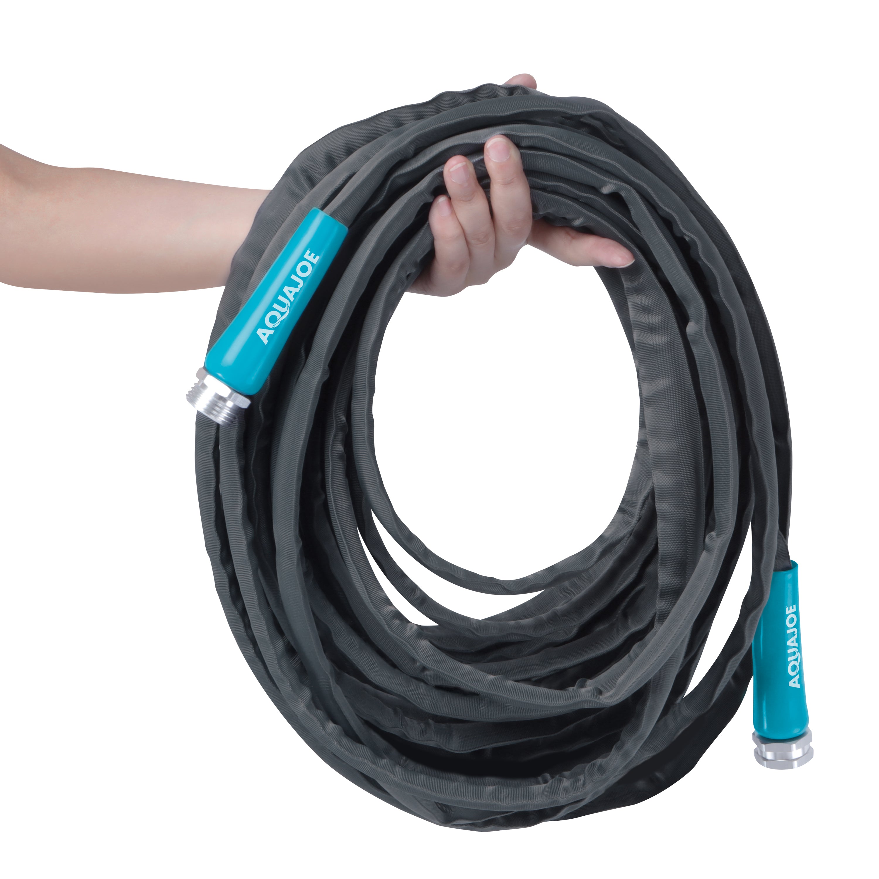 Person holding the Aqua Joe 50-foot Ultra Flexible Kink Free Fiberjacket Garden Hose.