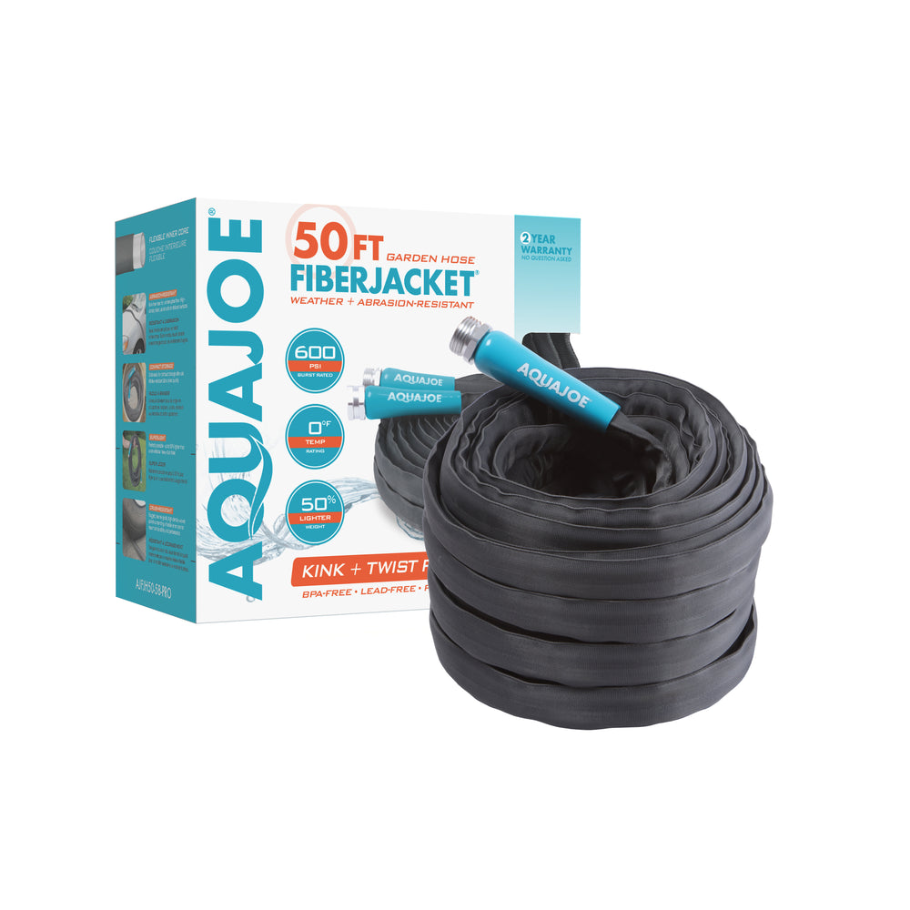 Aqua Joe 50-foot Ultra Flexible Kink Free Fiberjacket Garden Hose with packaging.