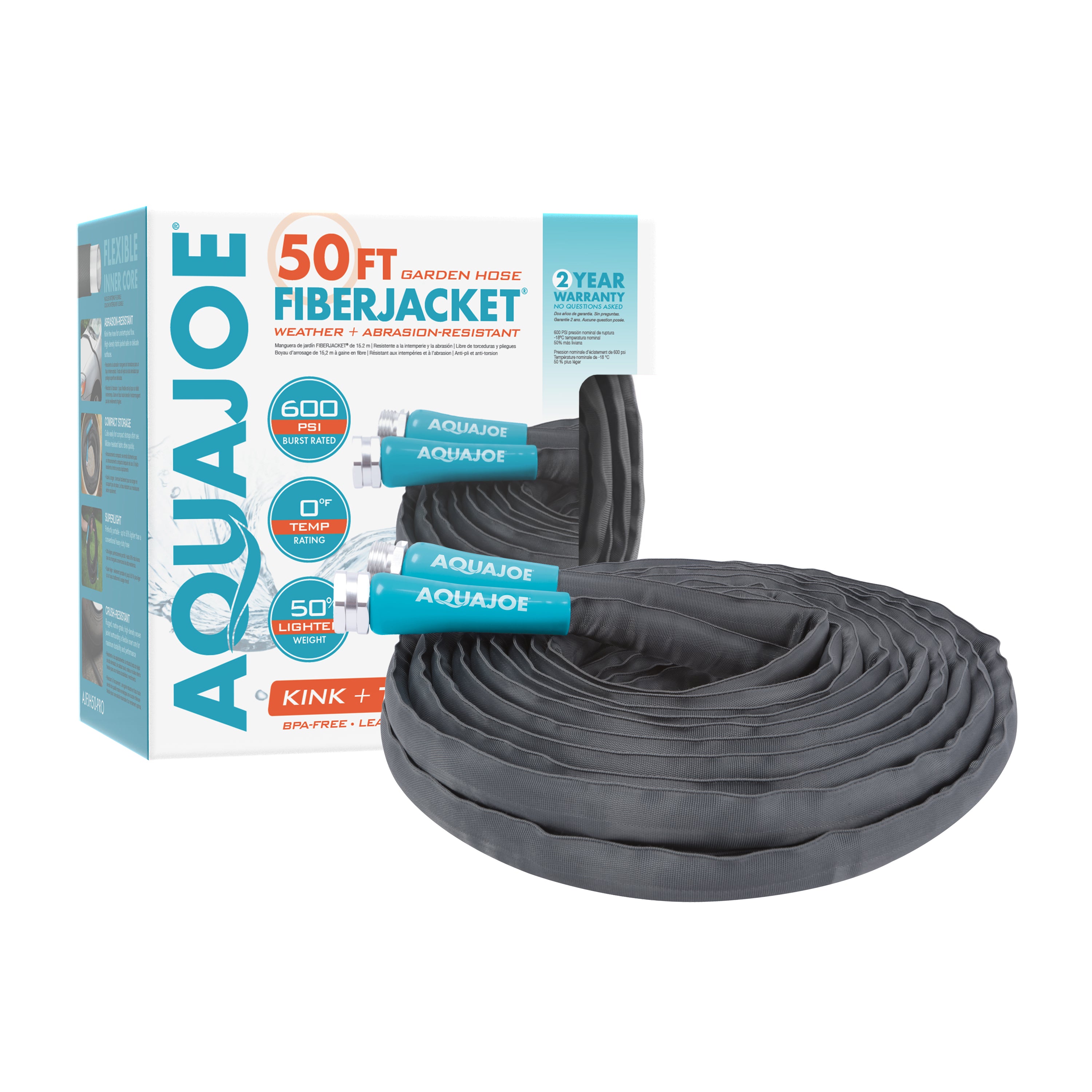 Aqua Joe 50-foot FiberJacket Garden Hose with packaging.