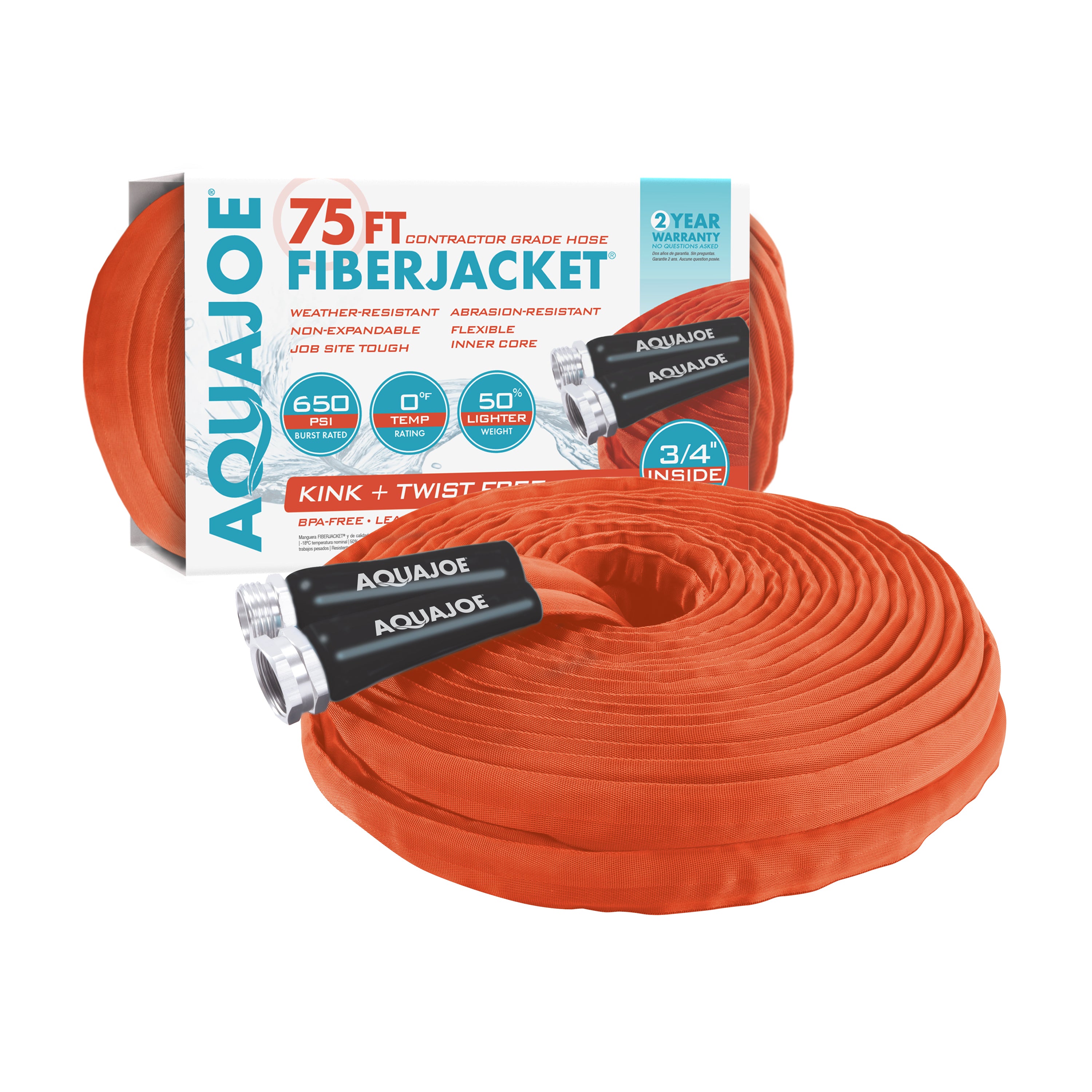 Aqua Joe 75-foot non-expanding orange fiberjacket hose with packaging.