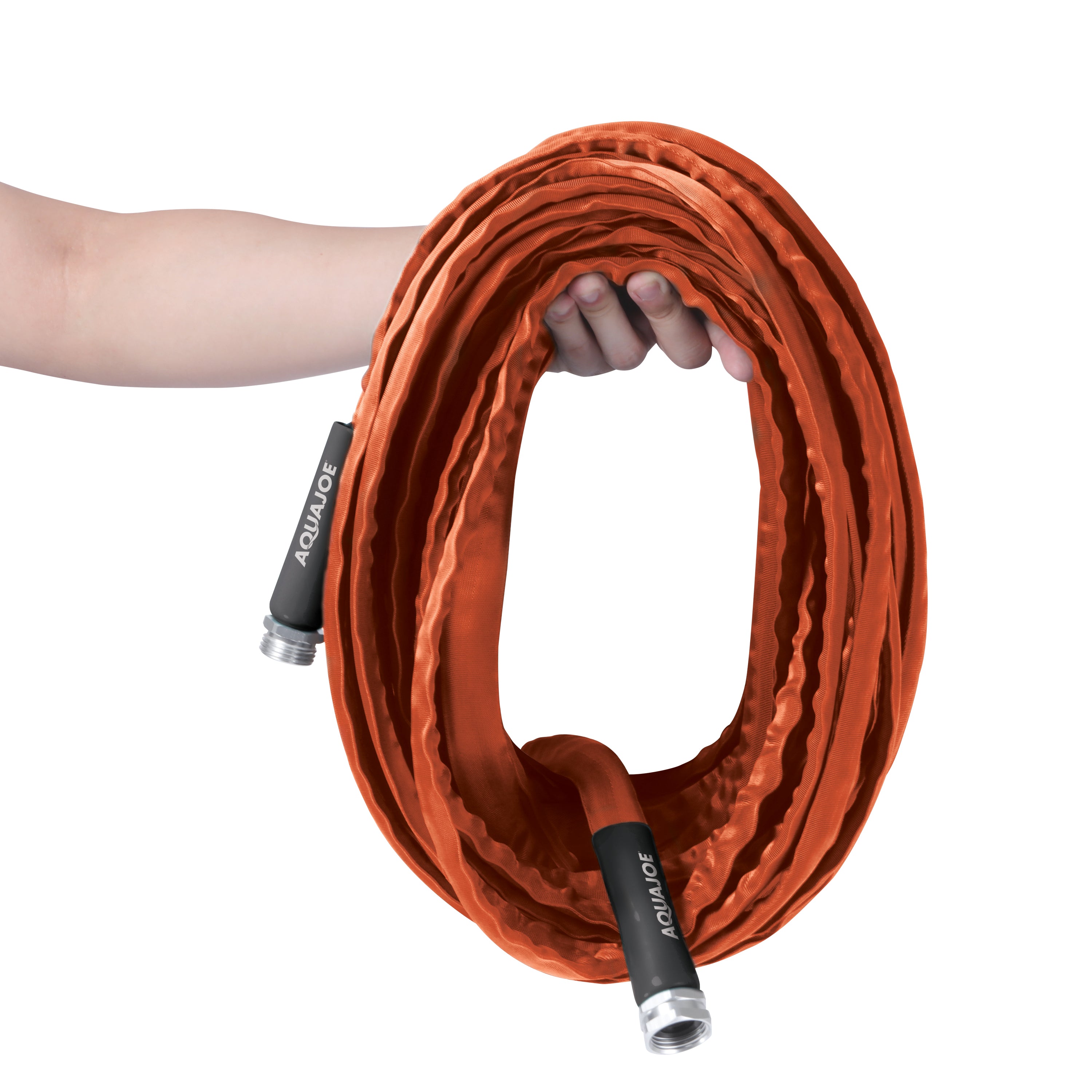 Person holding the Aqua Joe 75-foot non-expanding orange fiberjacket hose.