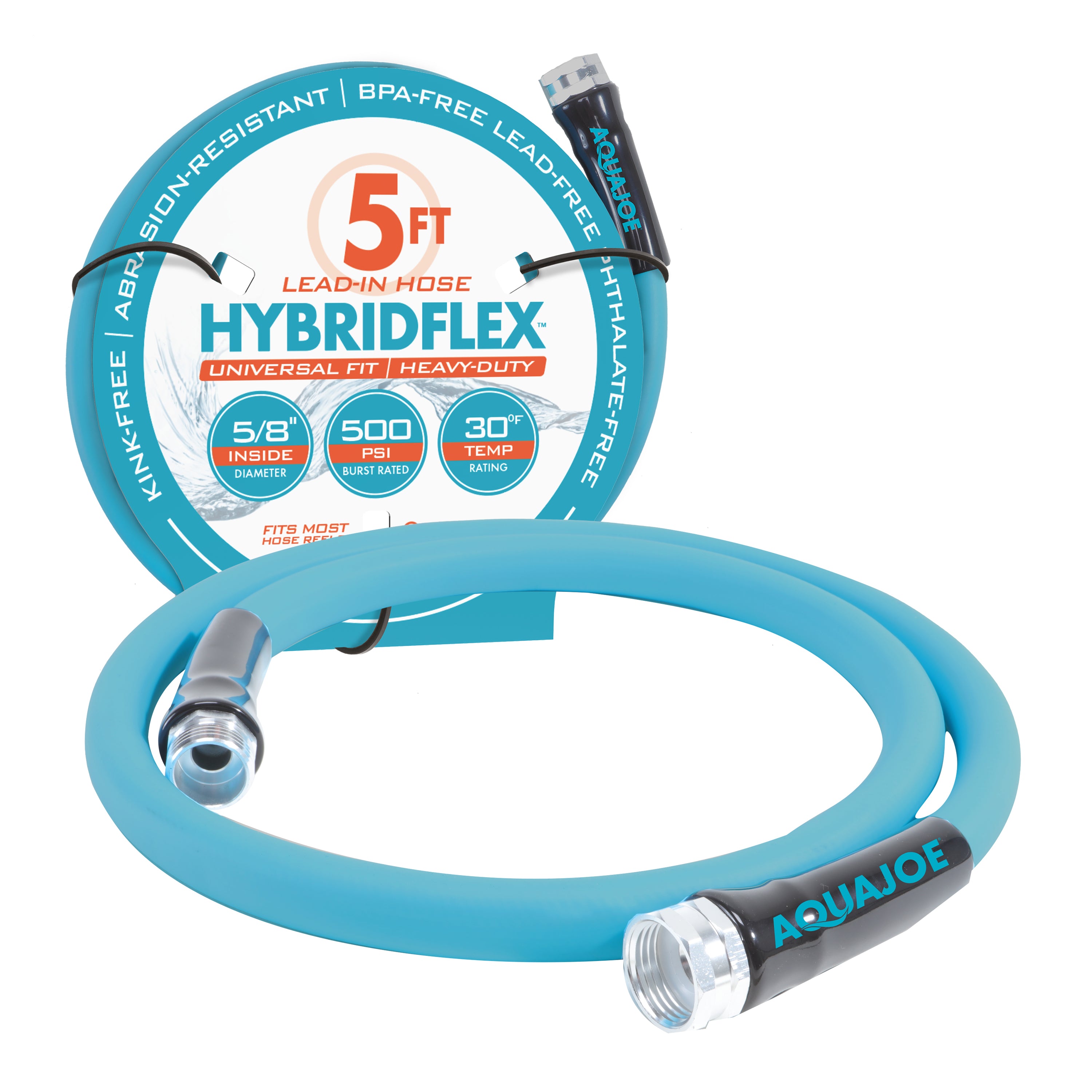 Aqua Joe 5-foot Hybrid Polymer Garden Hose with packaging.