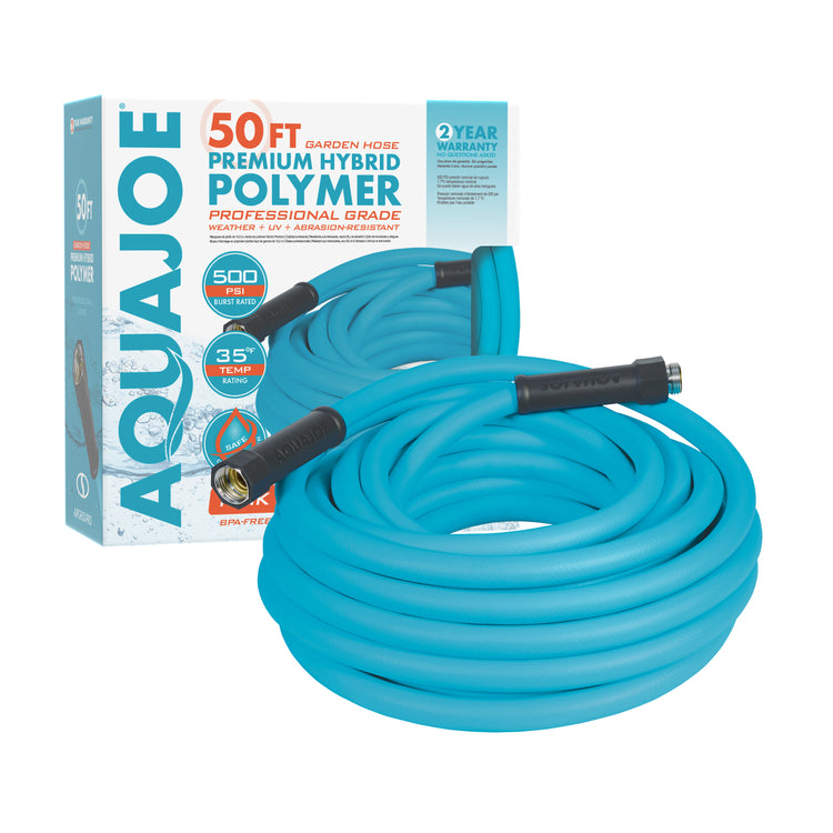 Aqua Joe 50-foot Hybrid Polymer Garden Hose with packaging.