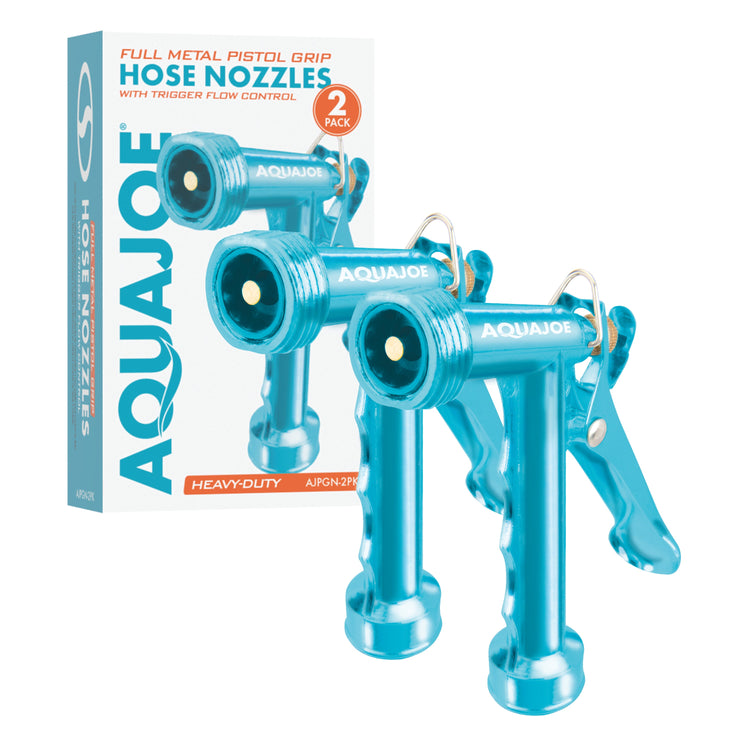 Aqua Joe 2-pack of Full Metal Pistol Grip Hose Nozzles with packaging.