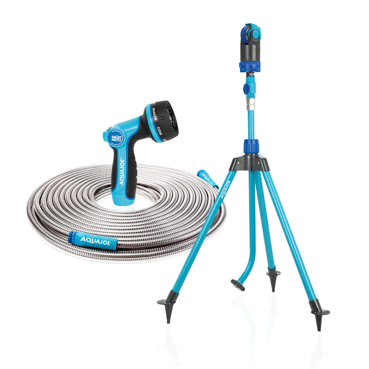 Aqua Joe 45-inch telescoping tripod sprinkler, a multi-function adjustable hose nozzle, and a 50-foot metal garden hose.