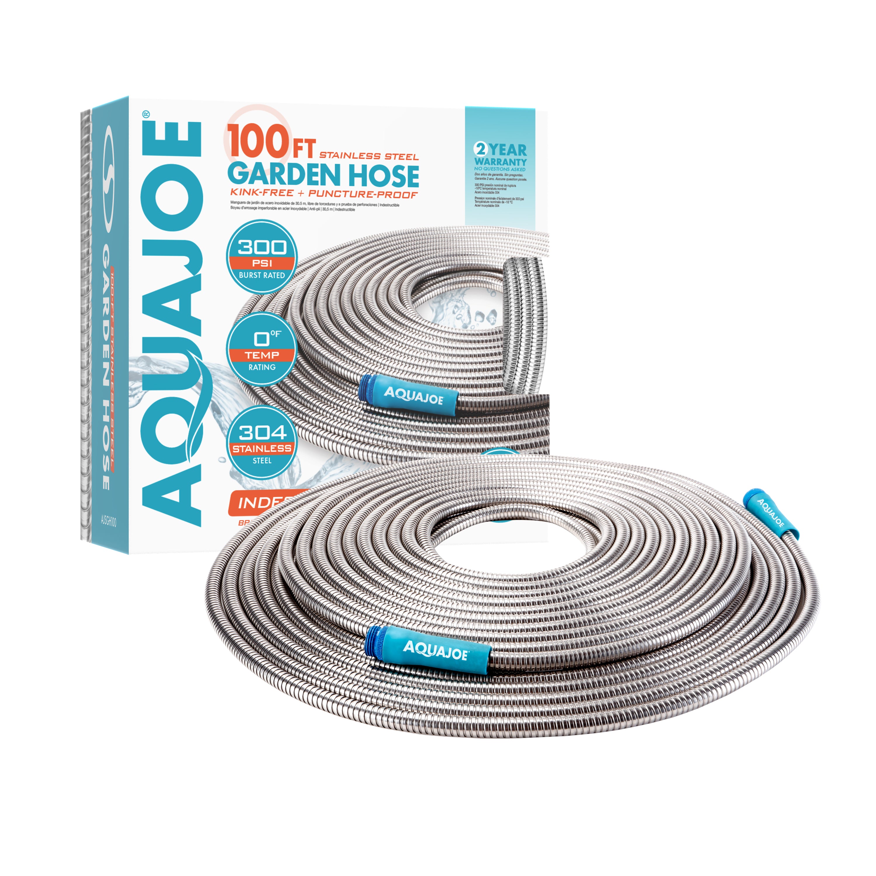 Aqua Joe 100-foot Heavy-Duty Puncture Proof Kink-Free Metal Garden Hose with packaging.